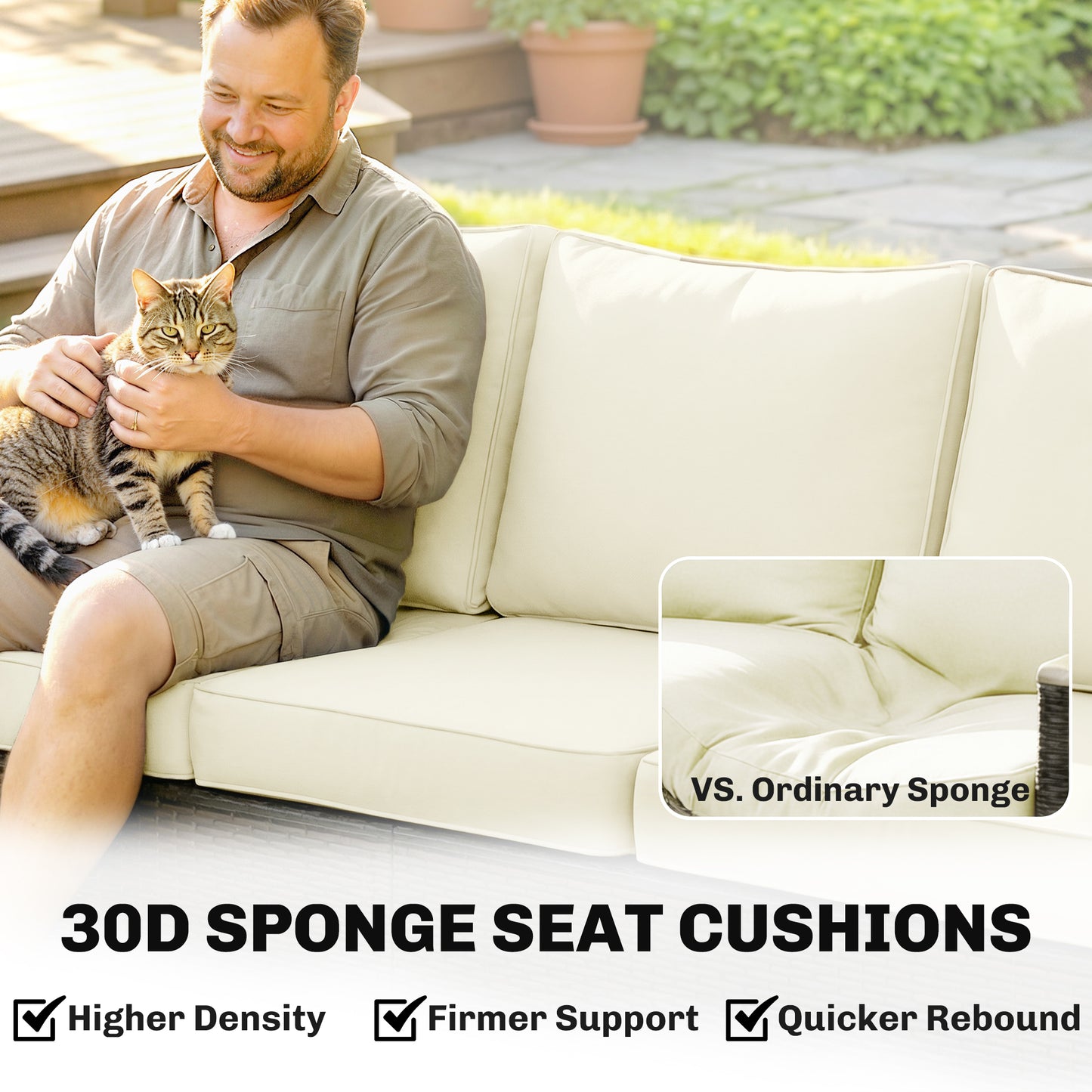 3 Seater Rattan Garden Sofa, PE Wicker Outdoor Sofa Wide Deep Seat