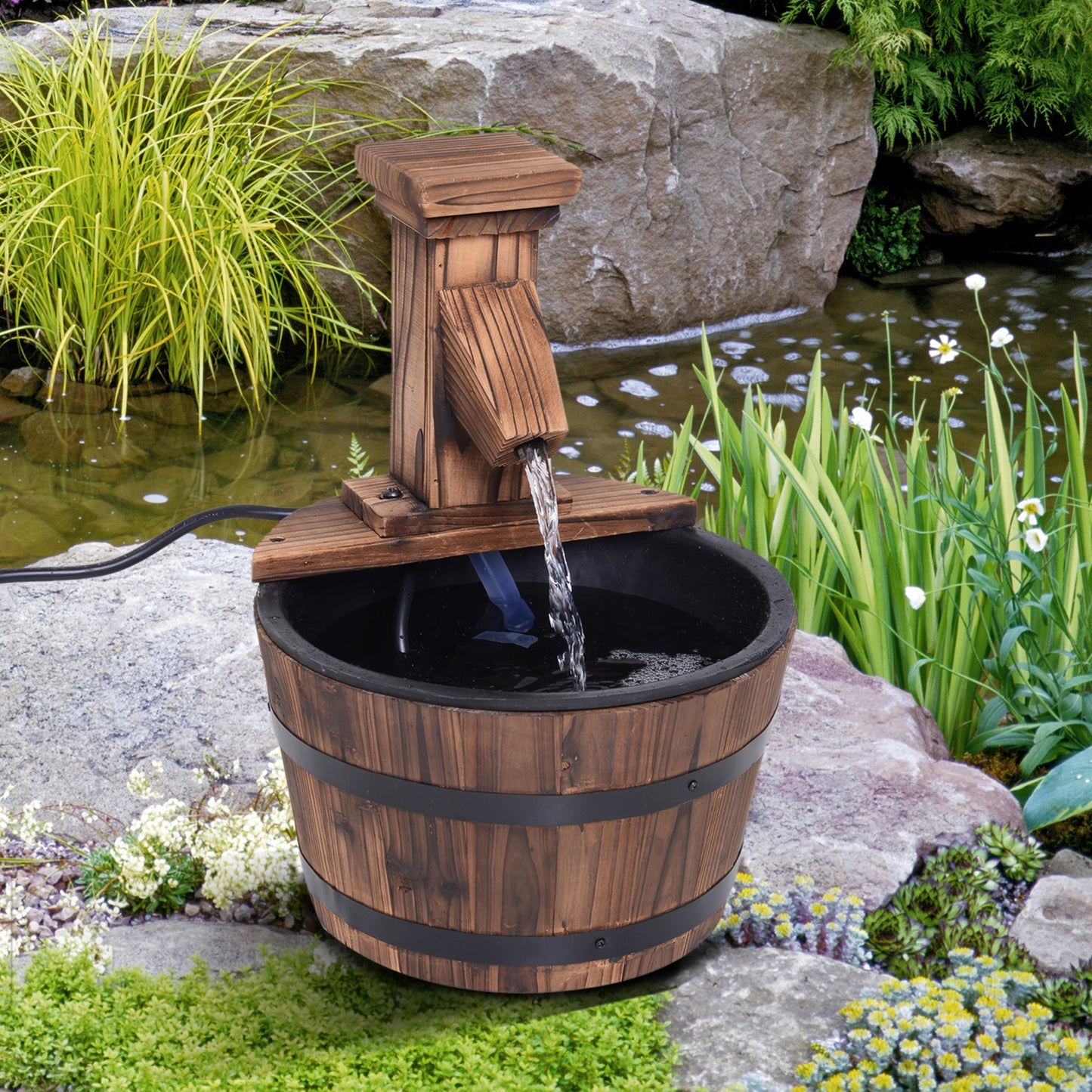 Wood Barrel Patio Water Fountain Garden Decorative Ornament Water (1)