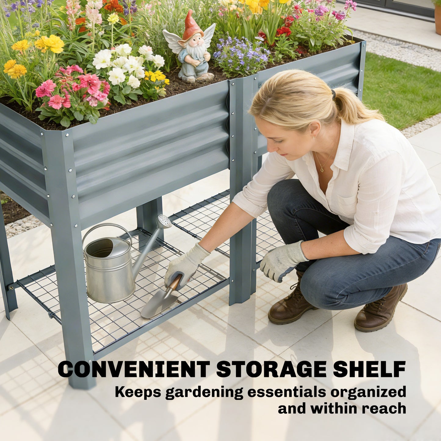 Raised Garden Bed with Storage Shelf Steel Elevated Planter Box