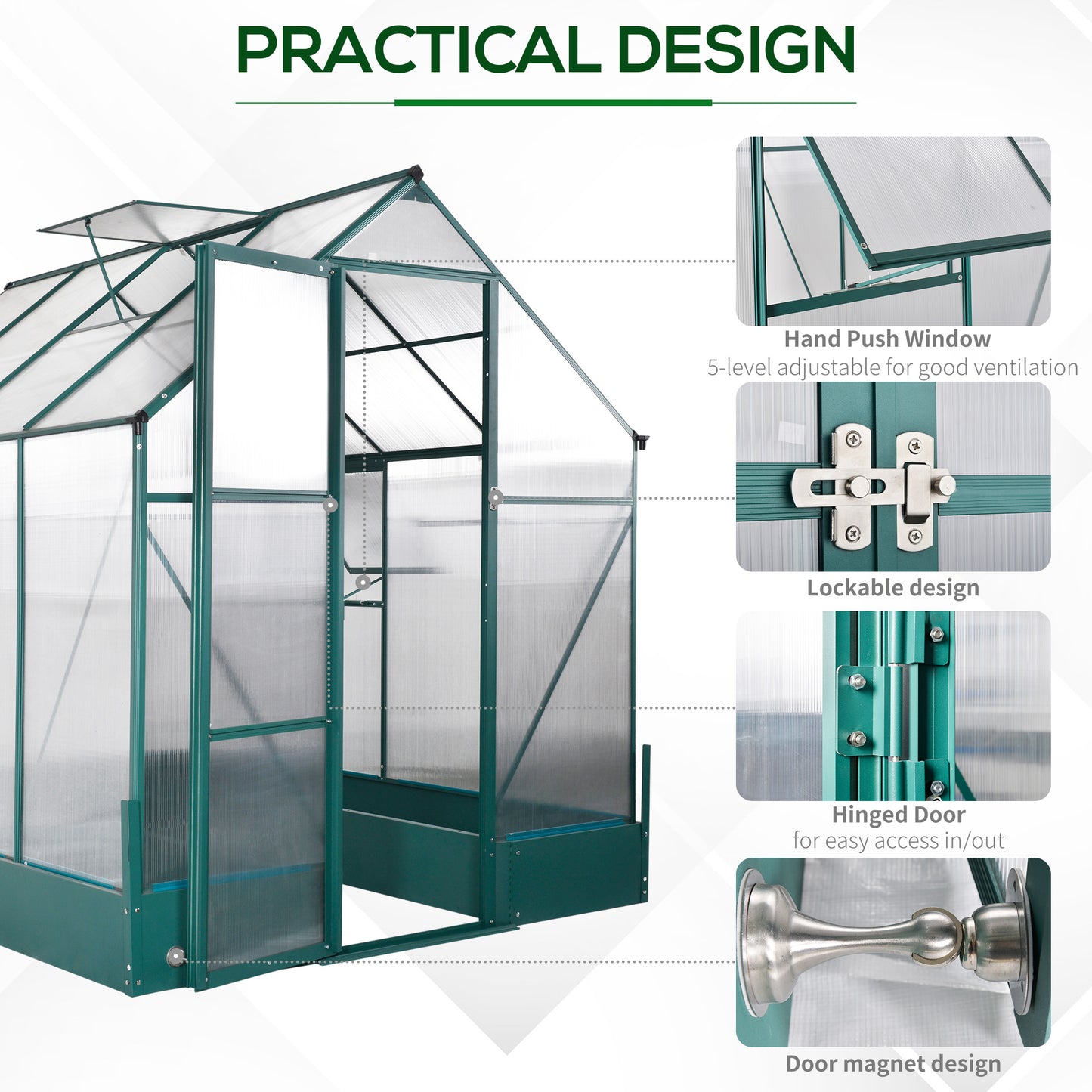 6x8 FT Polycarbonate Greenhouse with Base and Raised Bed