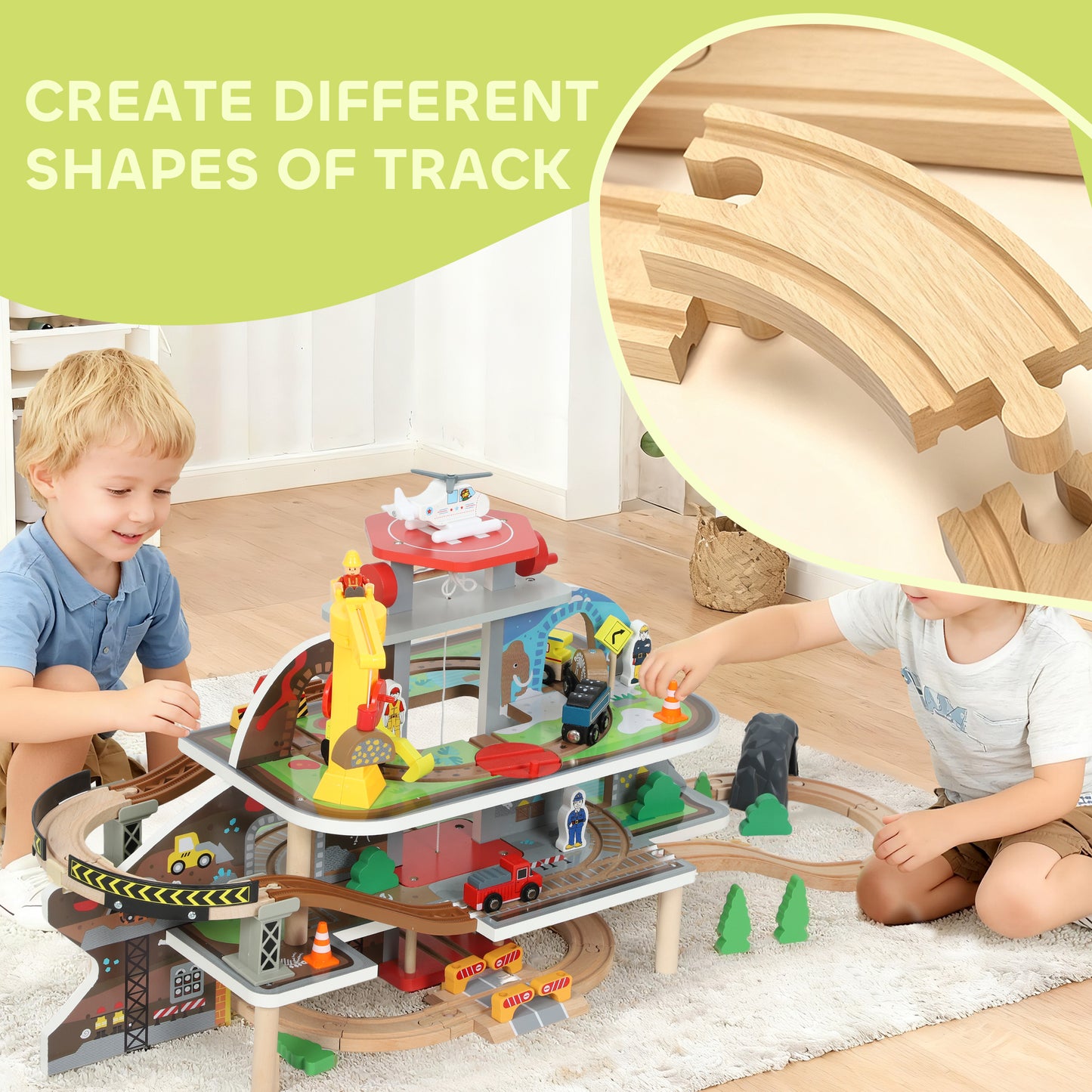 79 Piece Wooden Train Set, Kids Train Track Mine Themed with Crane