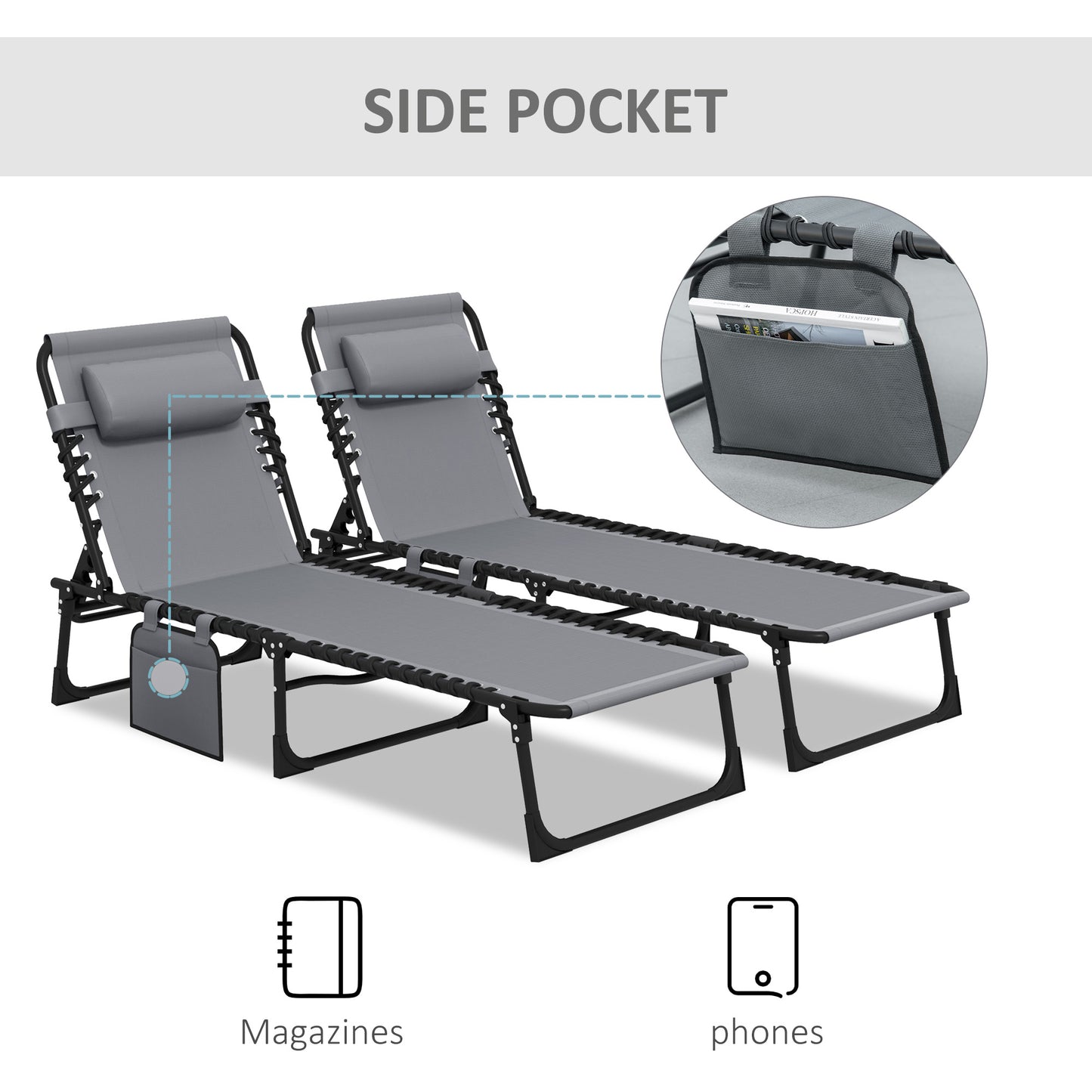 Portable Sun Lounger Set of 2, Folding Camping Bed Cot