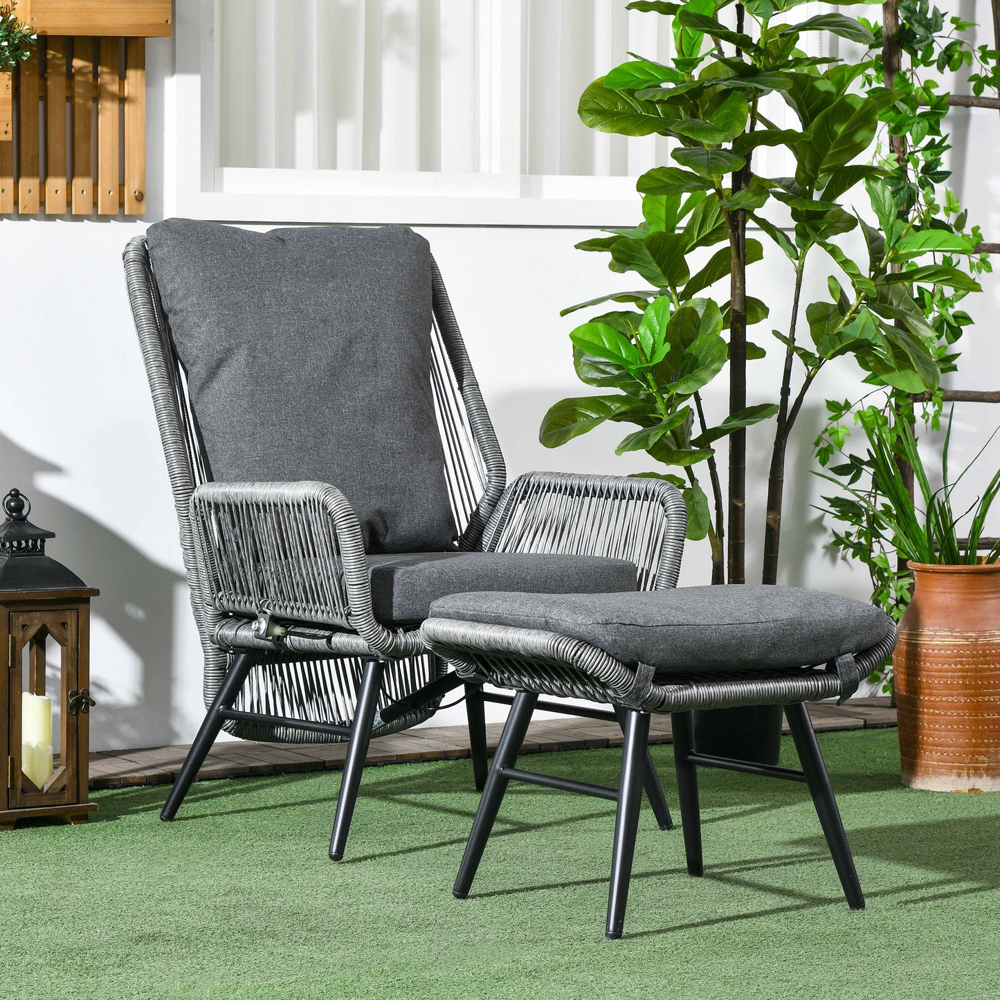 String Rattan Armchair and Footstool Set, with Cushions