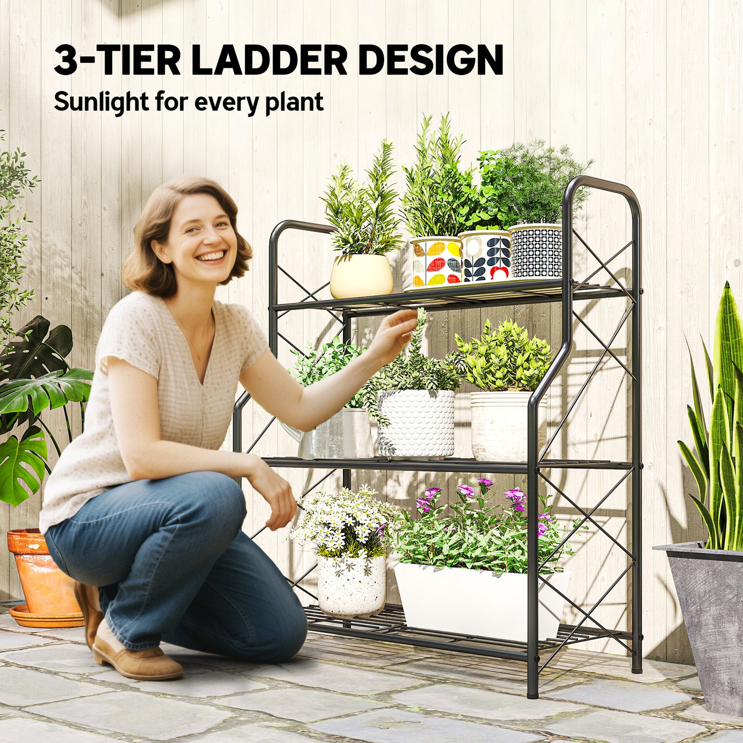 3-Tier Metal Plant Stand, Heavy Duty Ladder Shelf Potted Plants