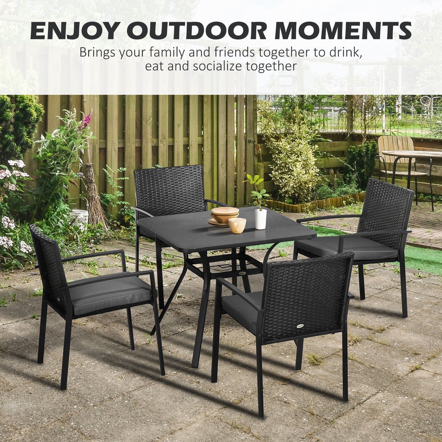 Five-Piece Garden Dining Set, with Rattan Seat Chairs and Cushions