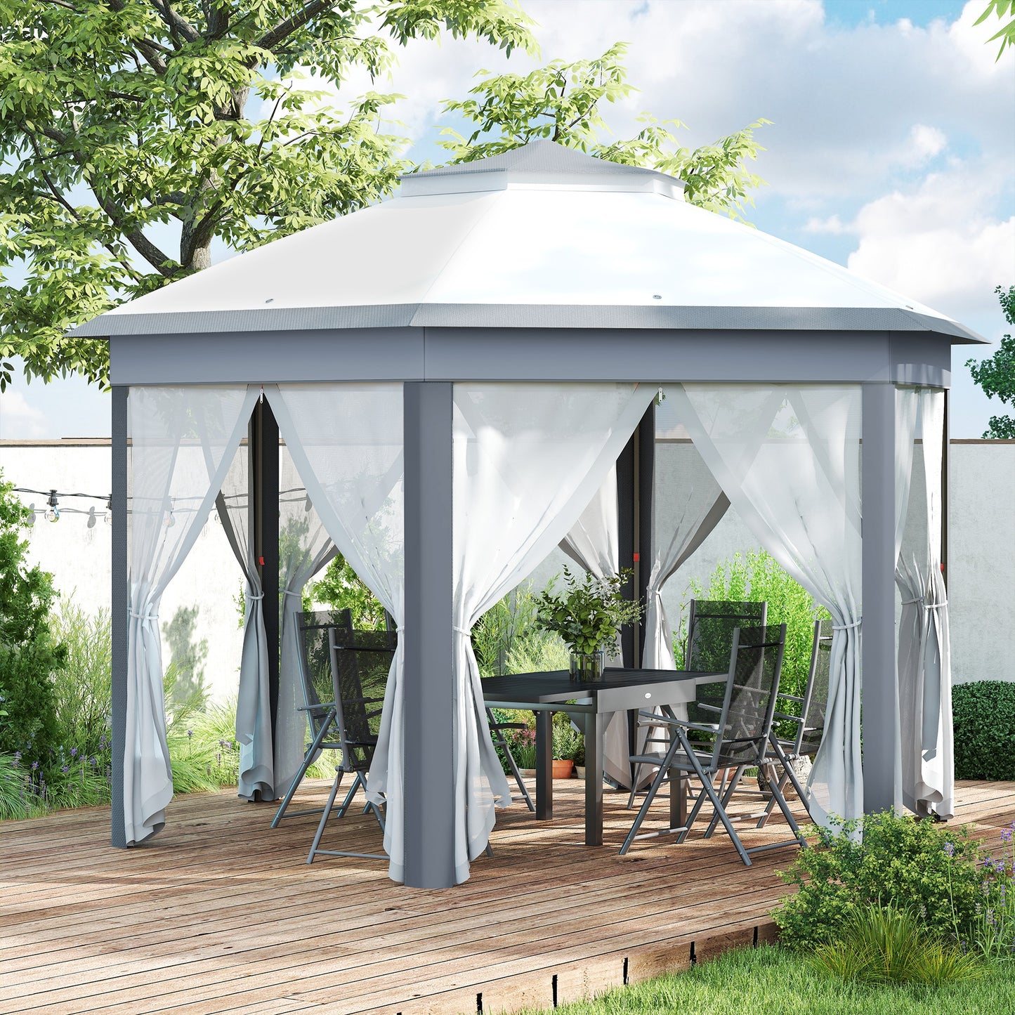3 x 4m Metal Frame Hexagon Gazebo, with Curtains