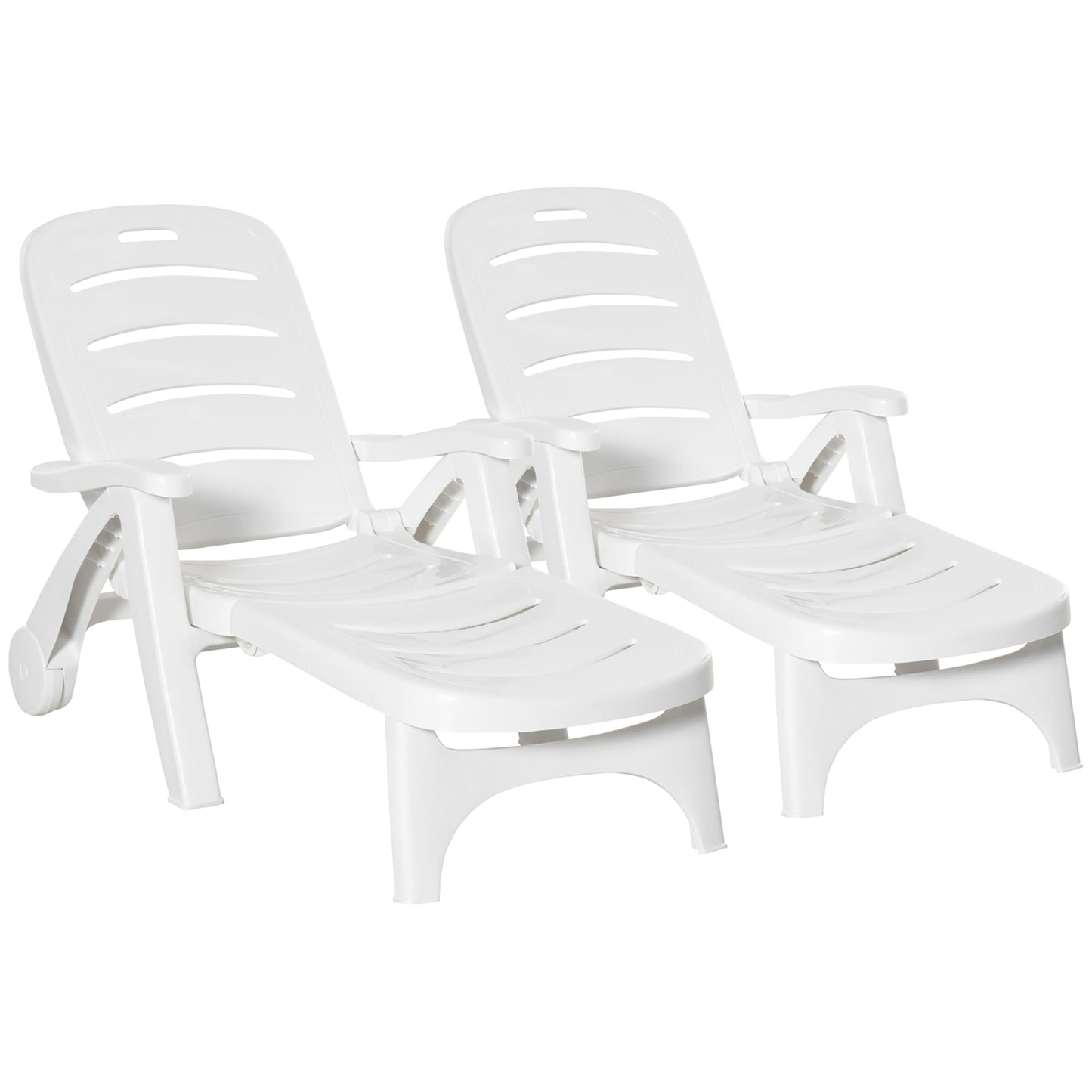 2PCs Outdoor Folding Sun Lounger Recliner on Wheels w/ 5-Position