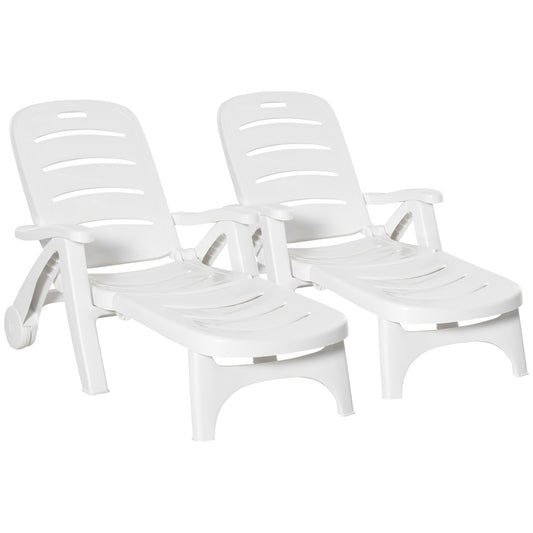 2PCs Outdoor Folding Sun Lounger Recliner on Wheels w/ 5-Position