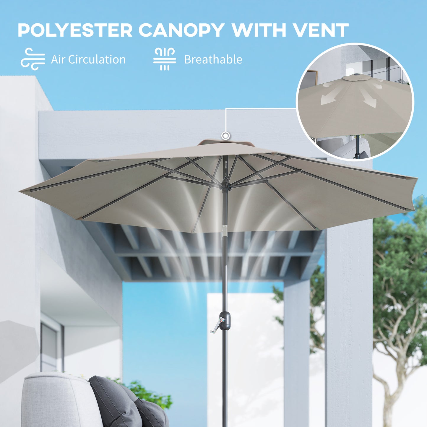 3(m) Tilting Parasol Garden Umbrellas, Outdoor Sun Shade with 8 Ribs