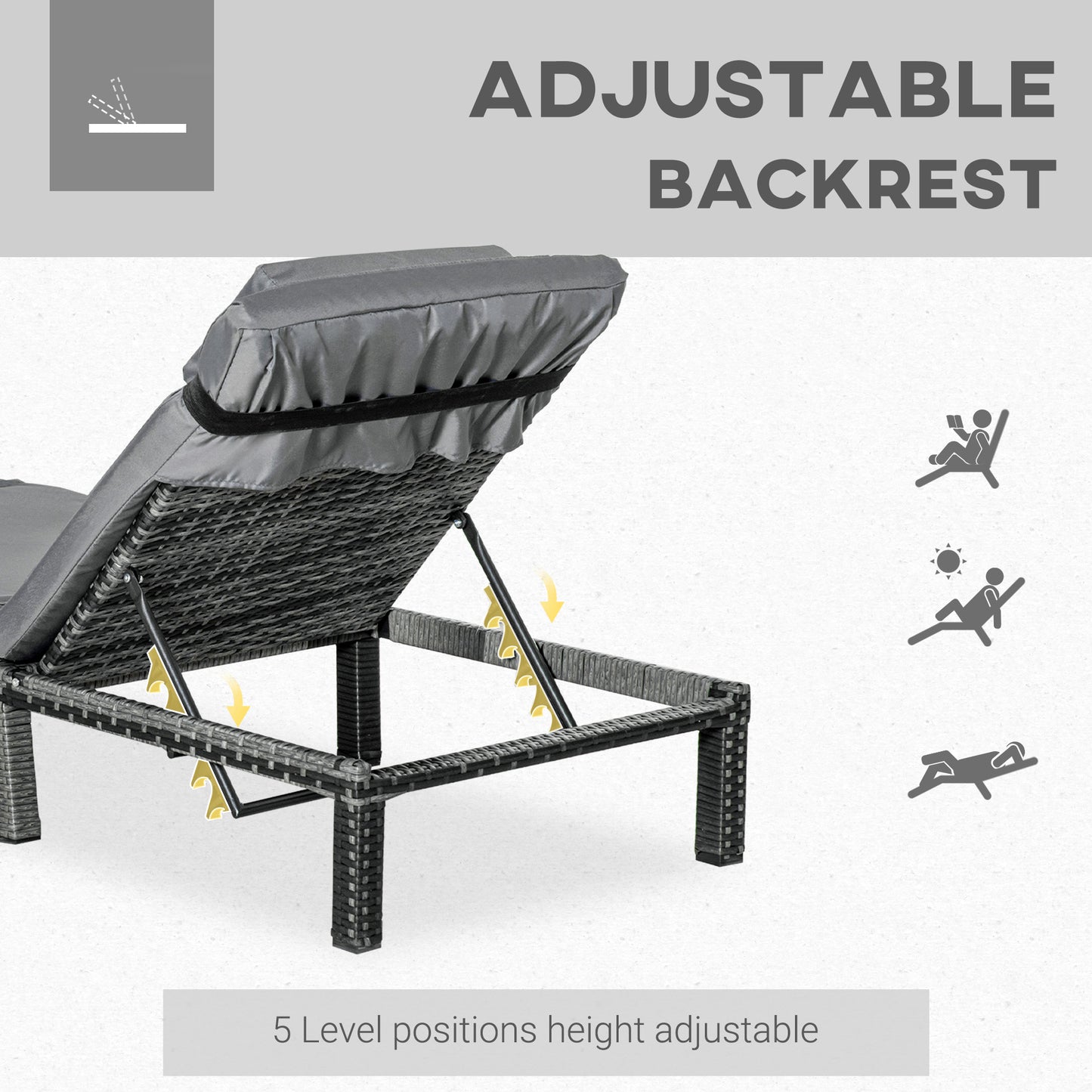 Rattan Sun Lounger, 5-Level Adjustable Garden Lounger Recliner