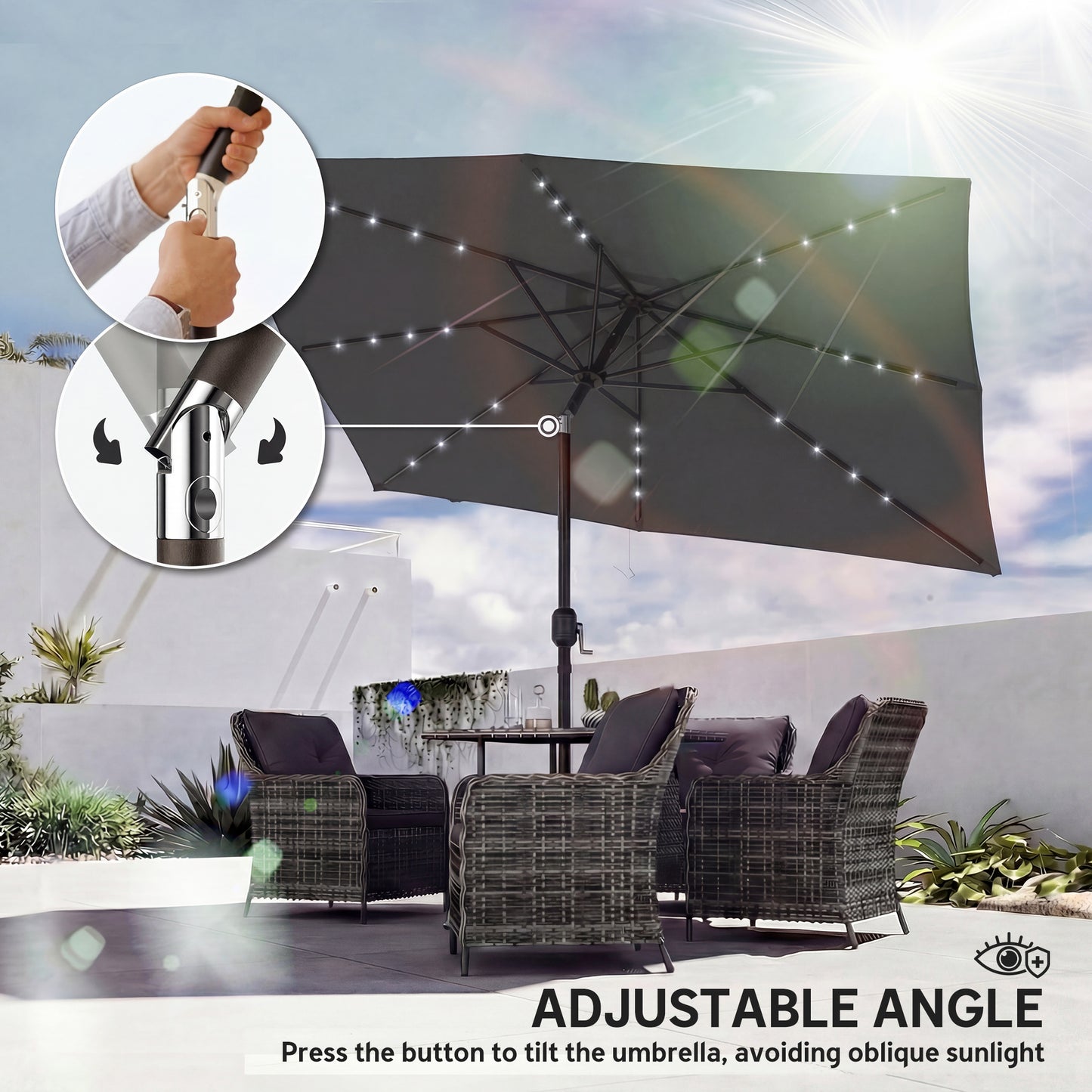 3 x 2 m Garden Parasol Umbrella with LED Solar Light, Parasol Cover