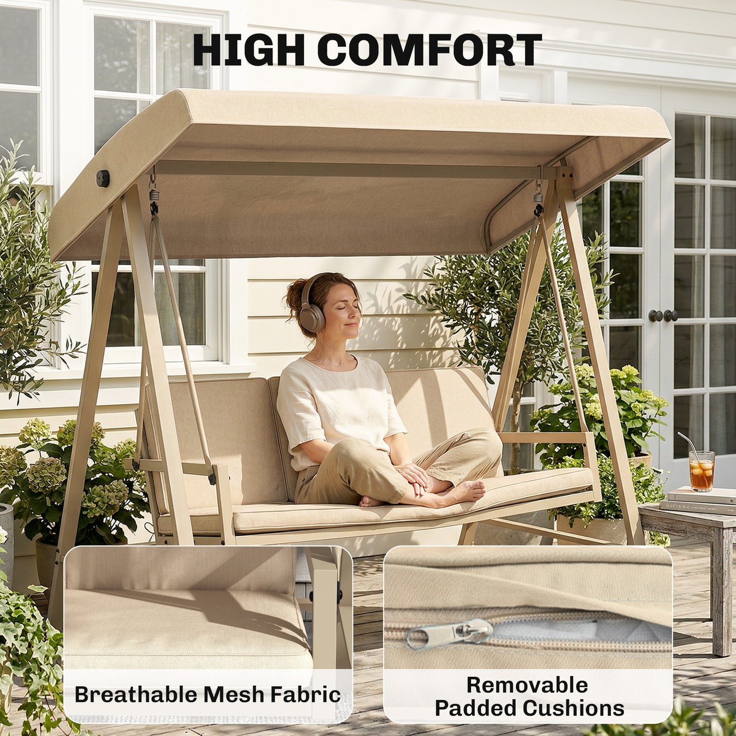 Three-Seat Garden Swing Chair, with Adjustable Canopy