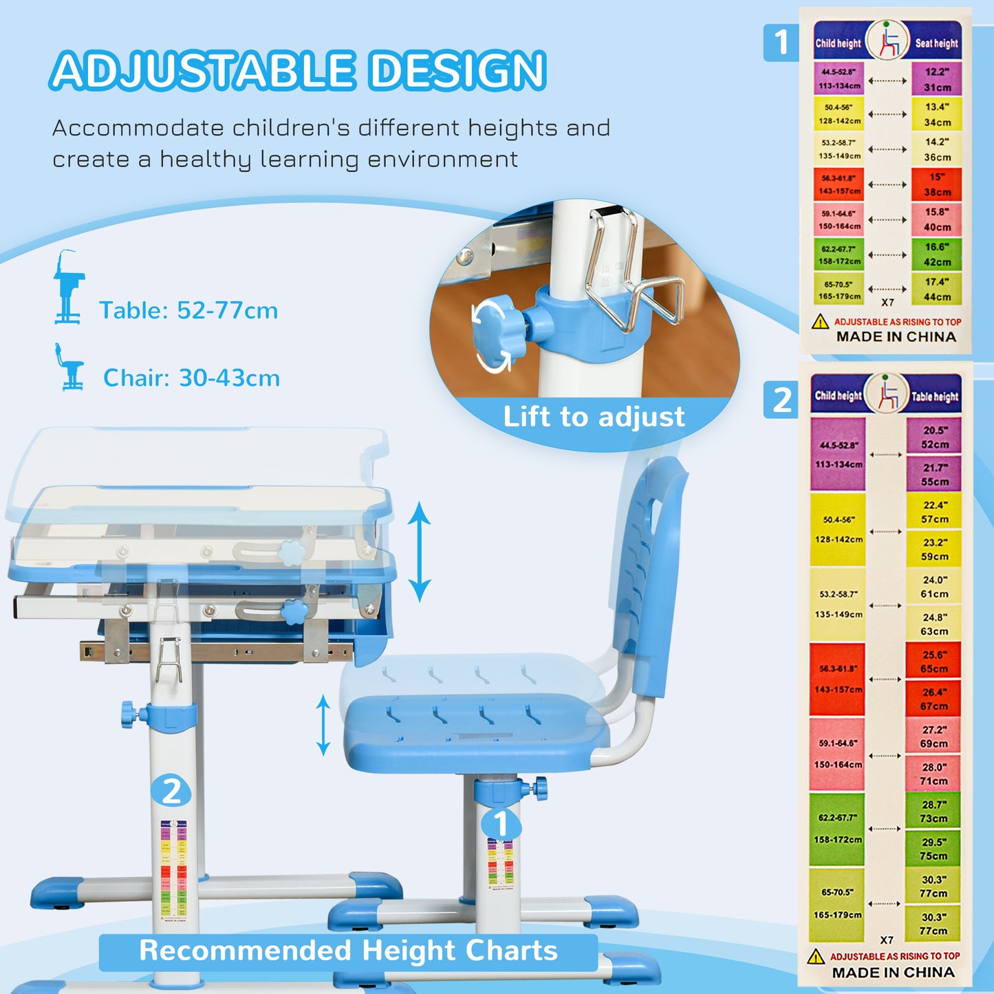 Kids Desk and Chair Set, Height Adjustable Student Writing Desk