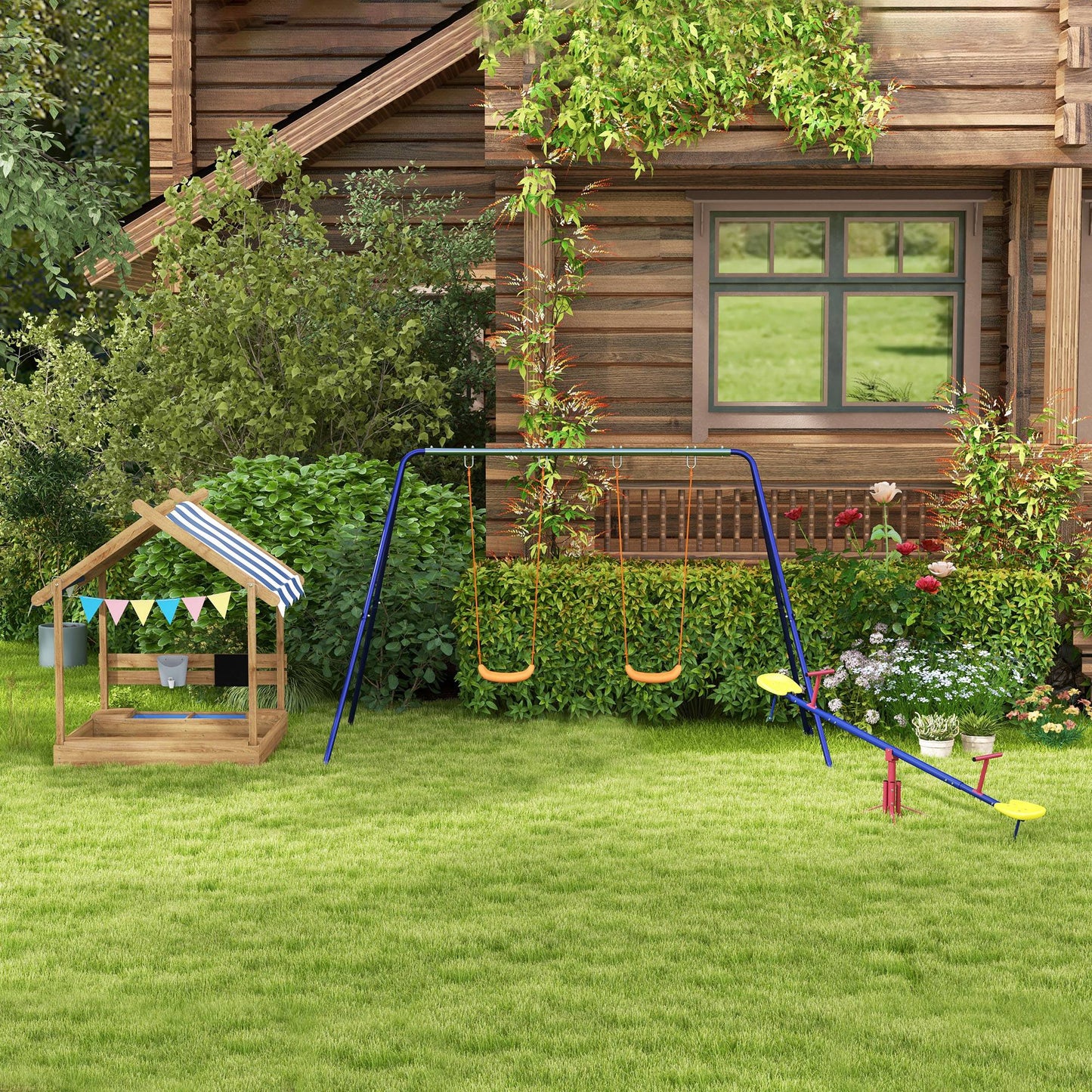 House-Designed Wooden Sandbox, Outdoor Sandpit, with Blackboard