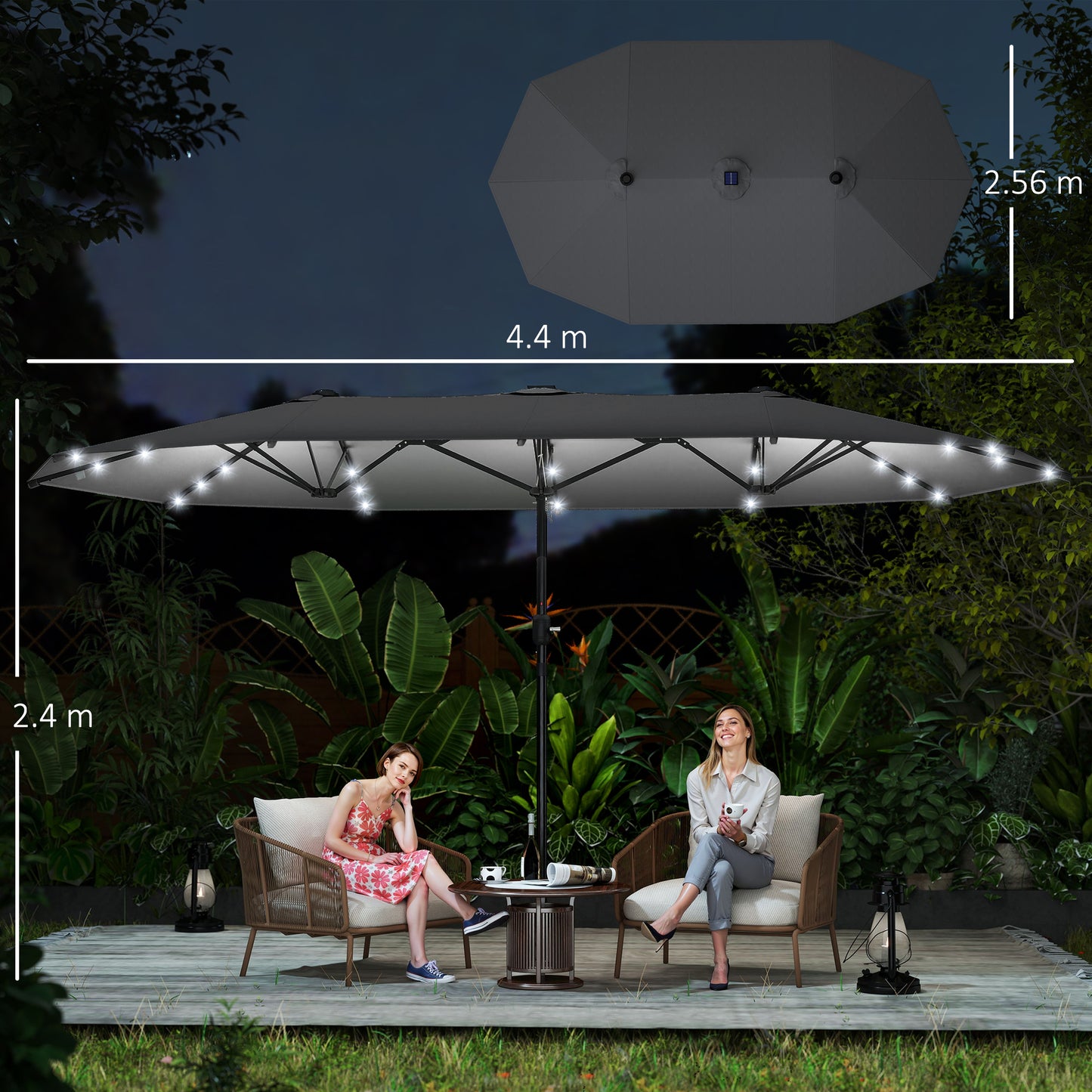 4.4m Double-Sided Sun Umbrella Patio Parasol LED Solar Lights