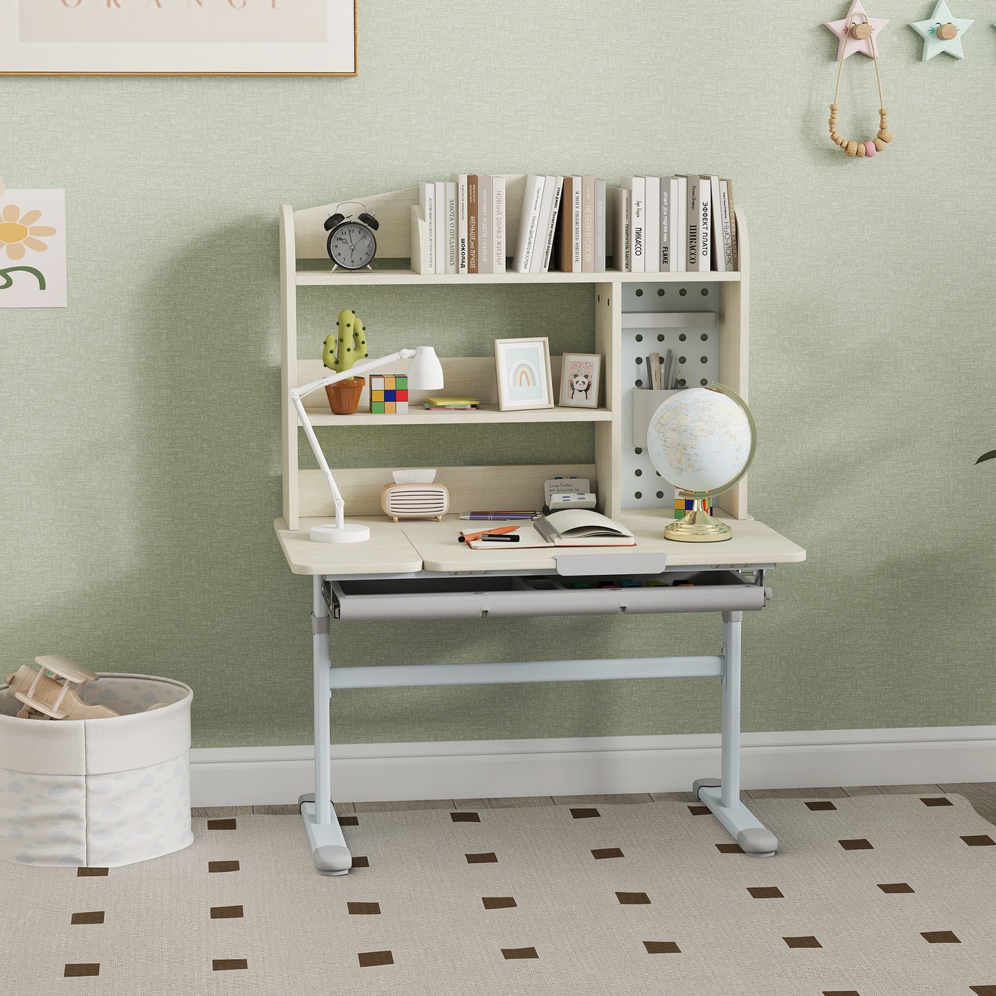 Kids Desk Height Adjustable with Tilt-Desktop, Hutch, Drawer