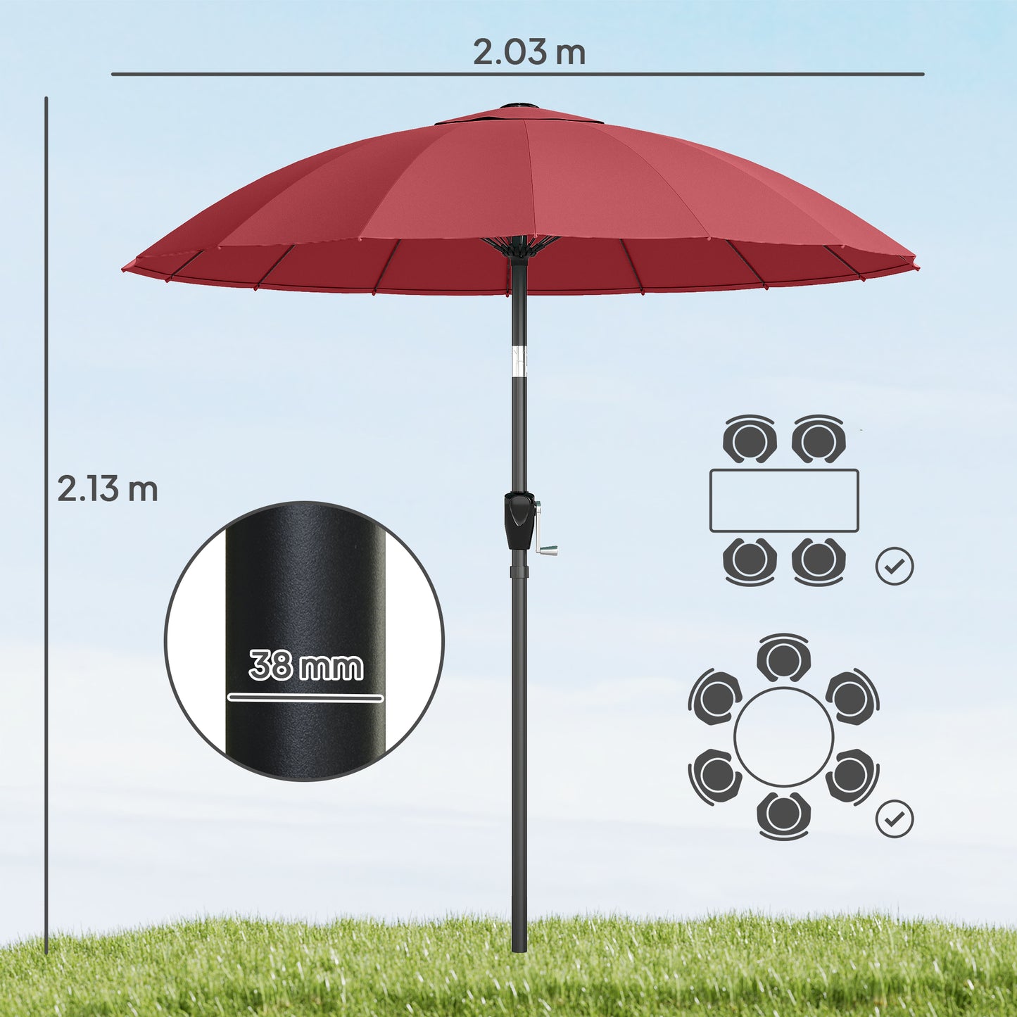 2 m Shanghai Garden Parasol Umbrella with 16 Fibreglass Ribs