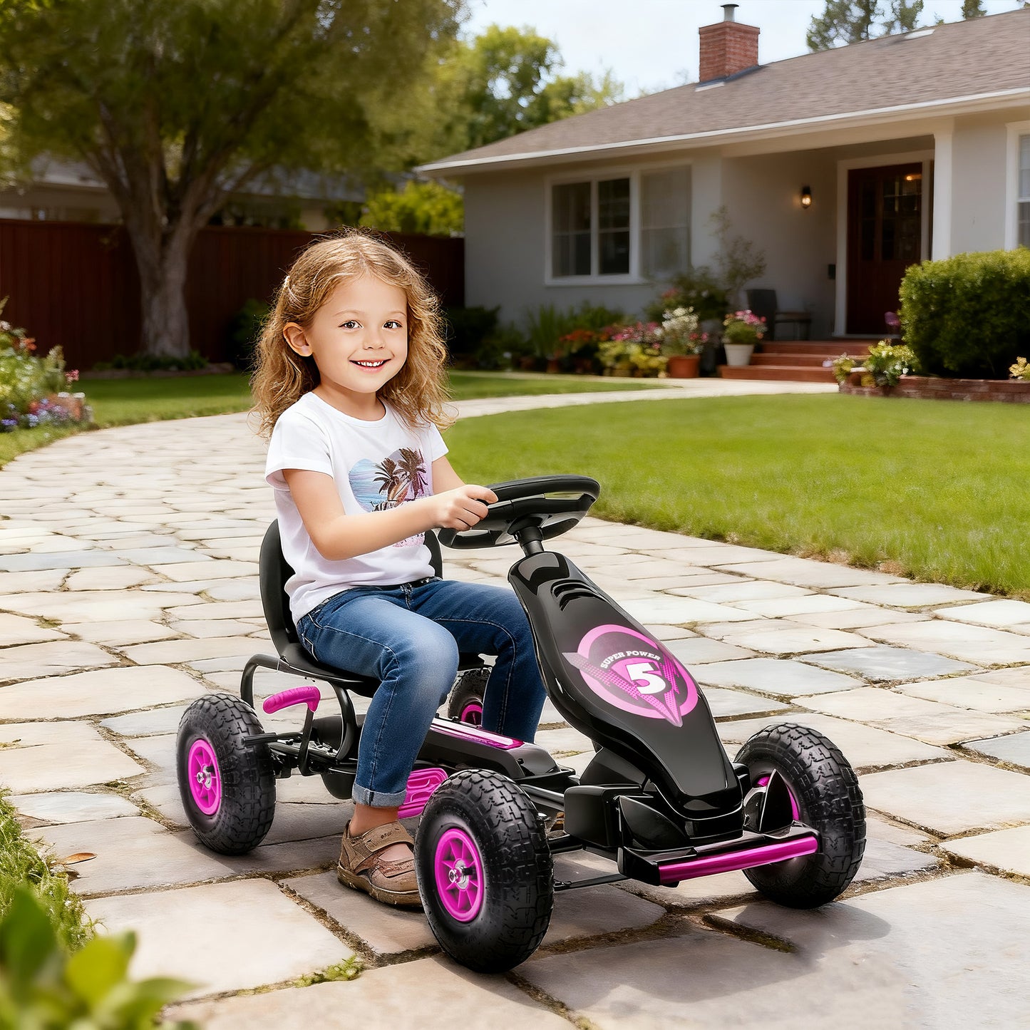Kids Pedal Go Kart, with Adjustable Seat, Inflatable Tyres