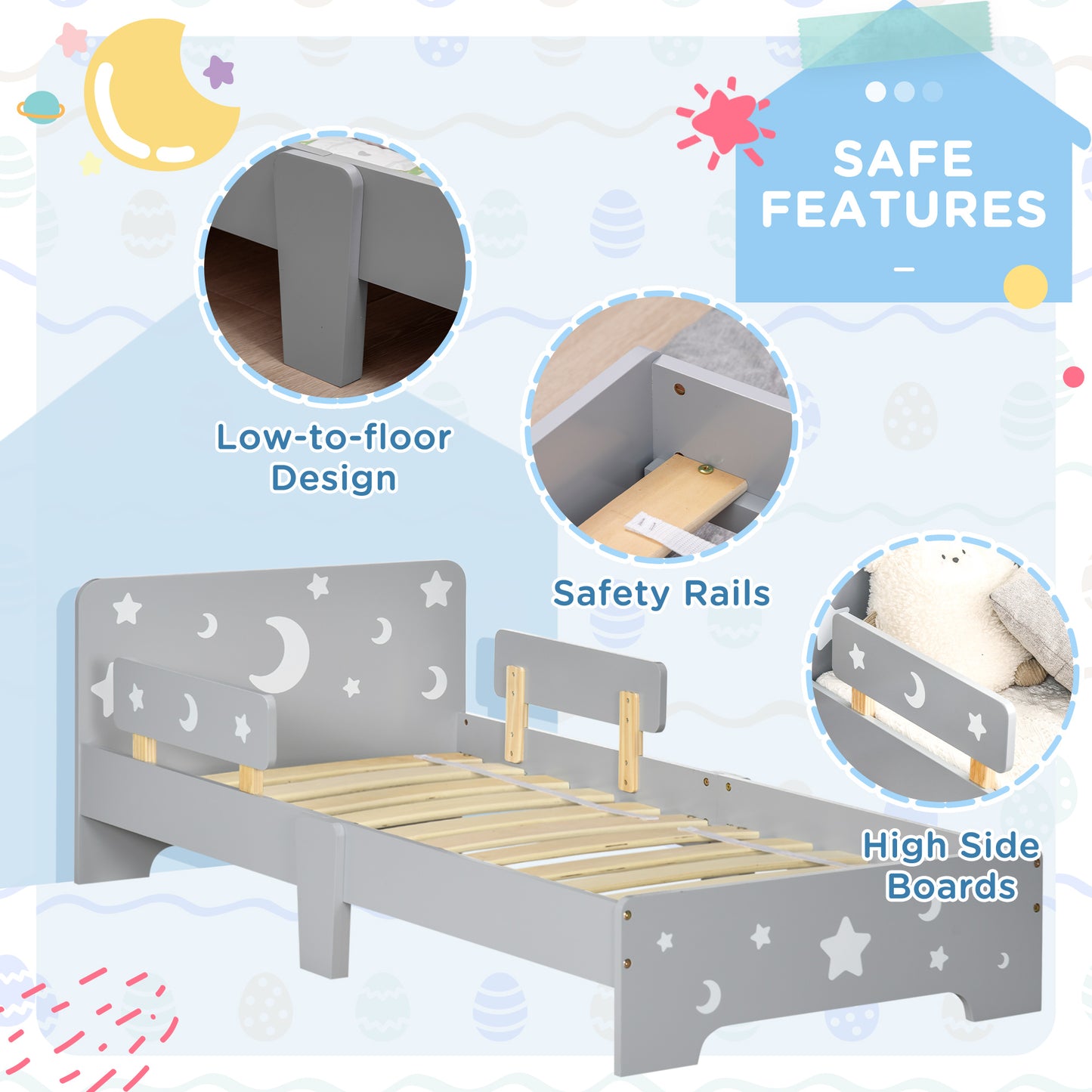 Kids Toddler Bed, with Star and Moon Patterns, Side Rails