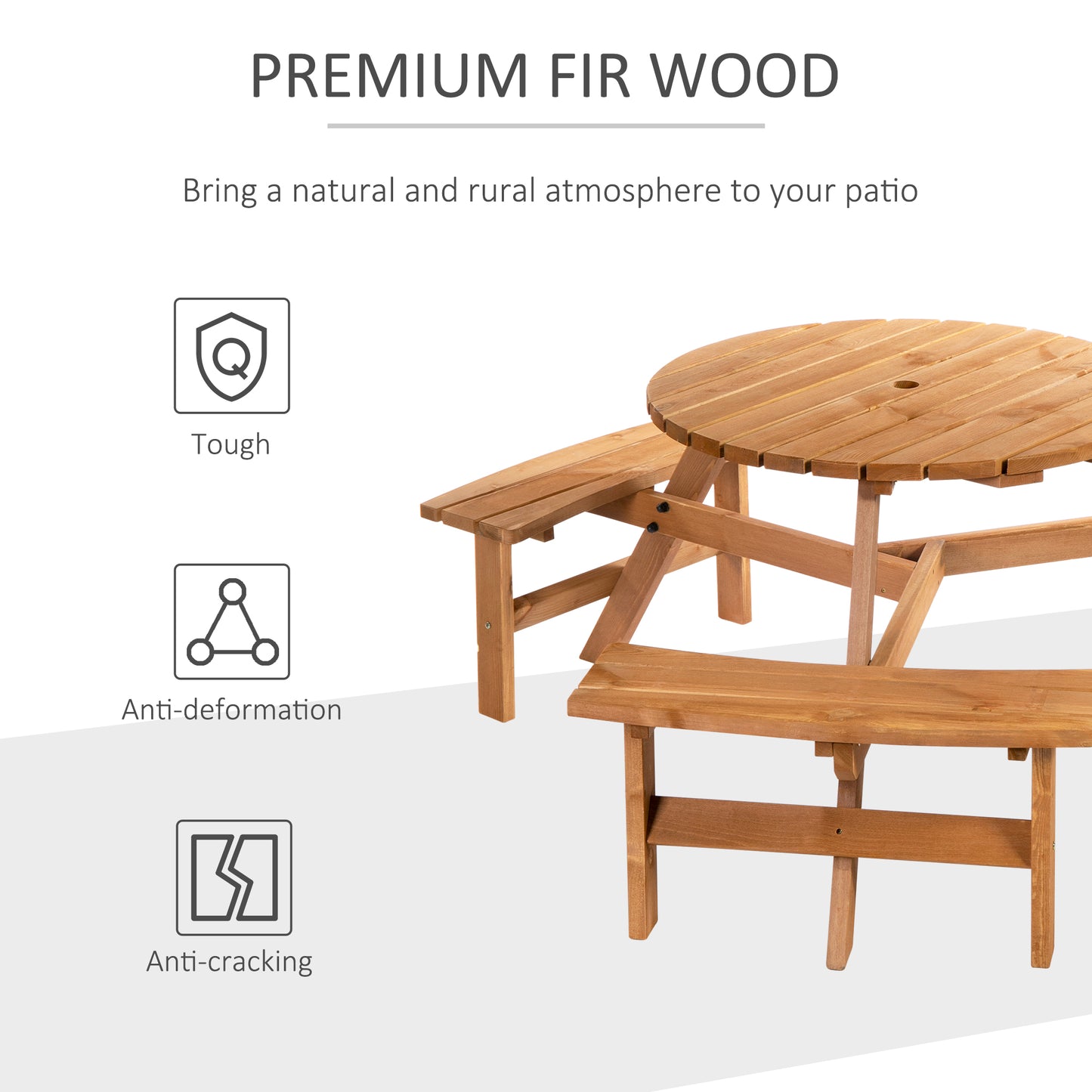 Wooden Garden Dining Set, 6 Seater Round Dining Picnic Table