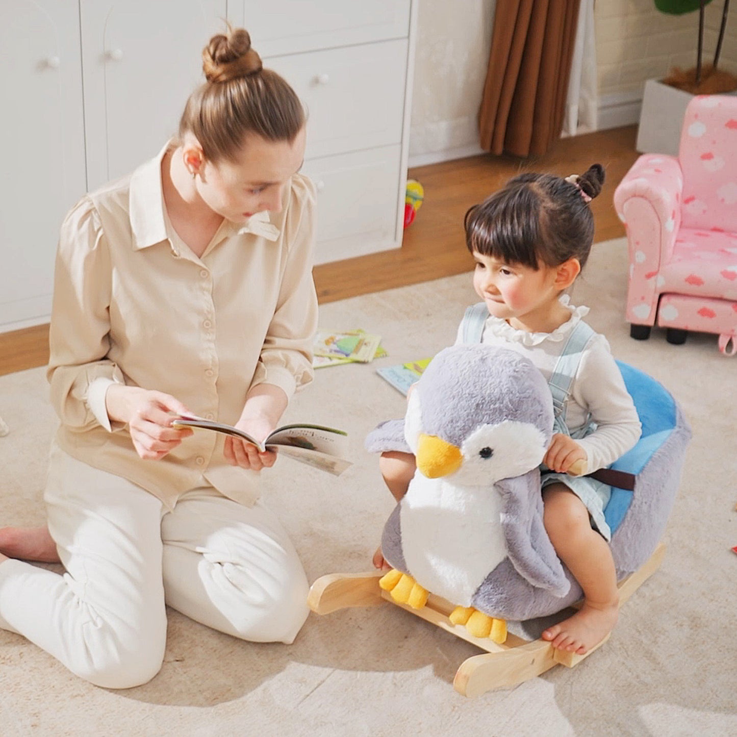 Children Kids Animal Rocking Horse Penguin Plush Musical Button 32