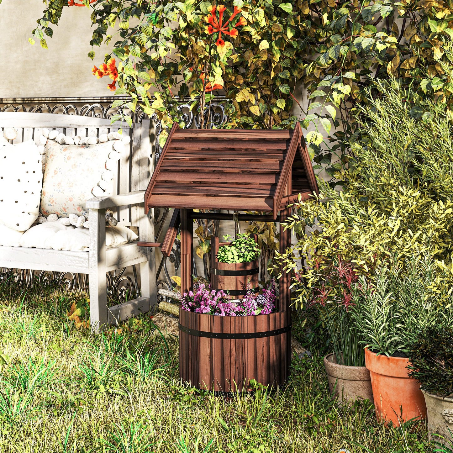 Wood Wishing Well for Outside with Hanging Bucket