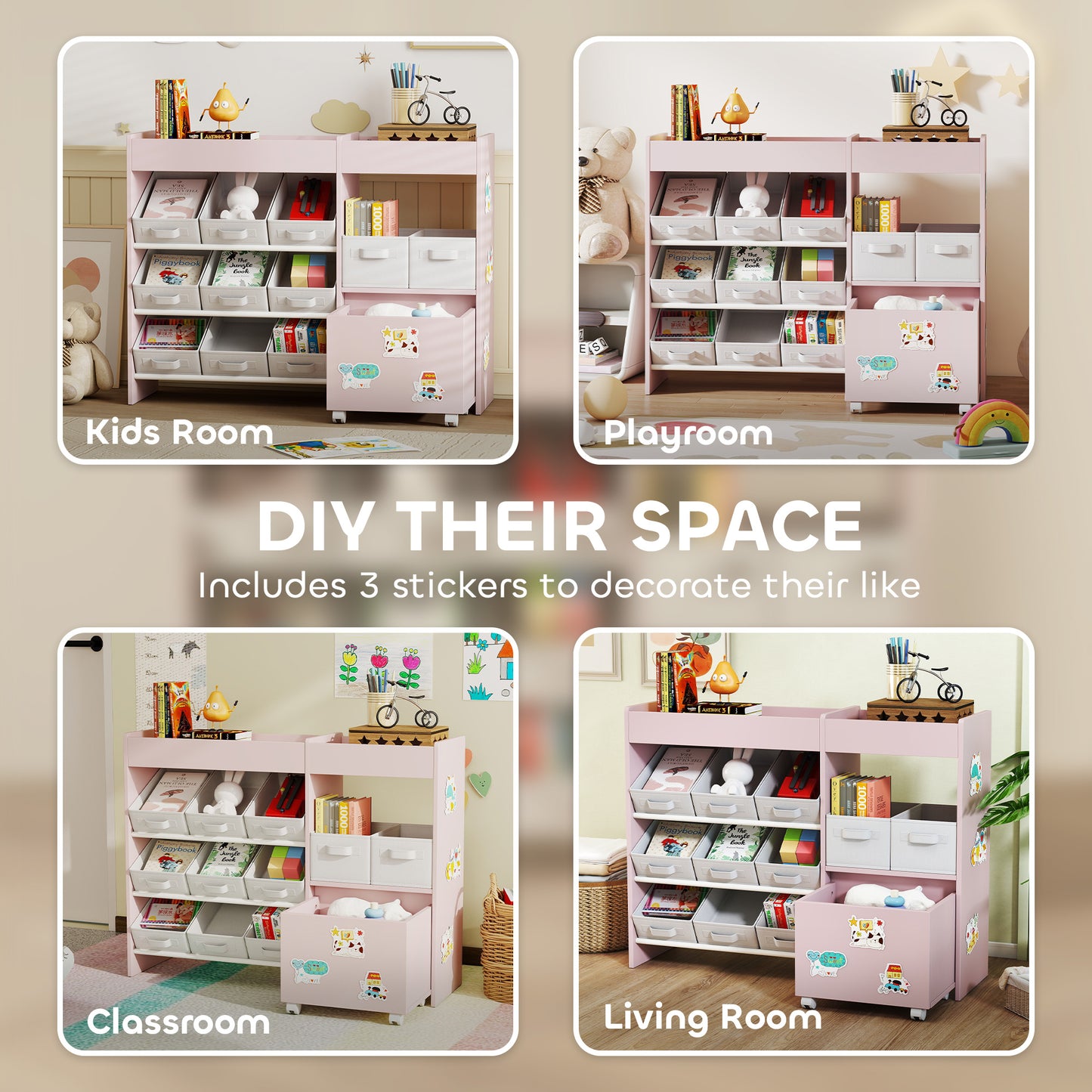 Kids Toy Storage Unit with 11 Bins, Cabinet, Top Shelves, 3 Stickers