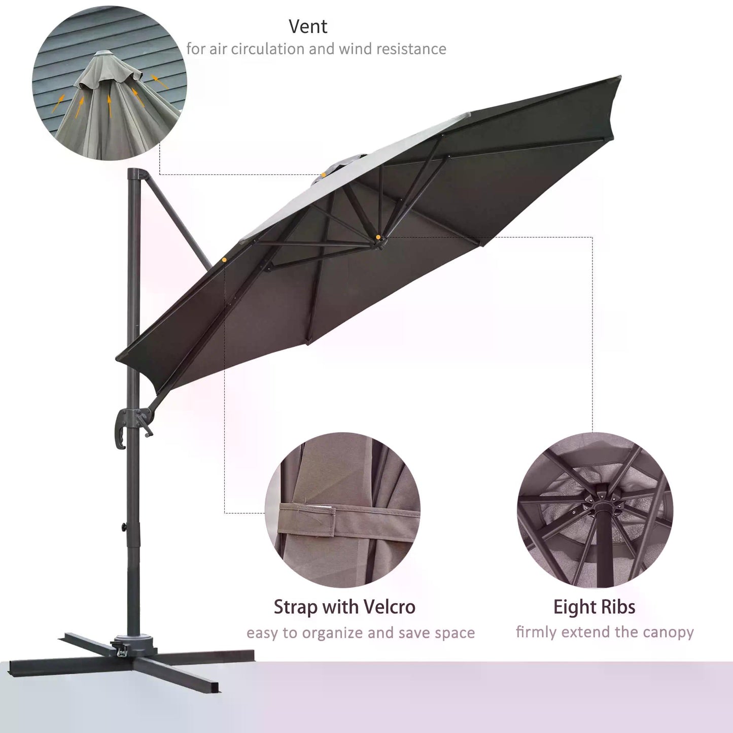 3(m) Offset Parasol Cantilever Hanging Umbrella 360° Rotation w/ Base