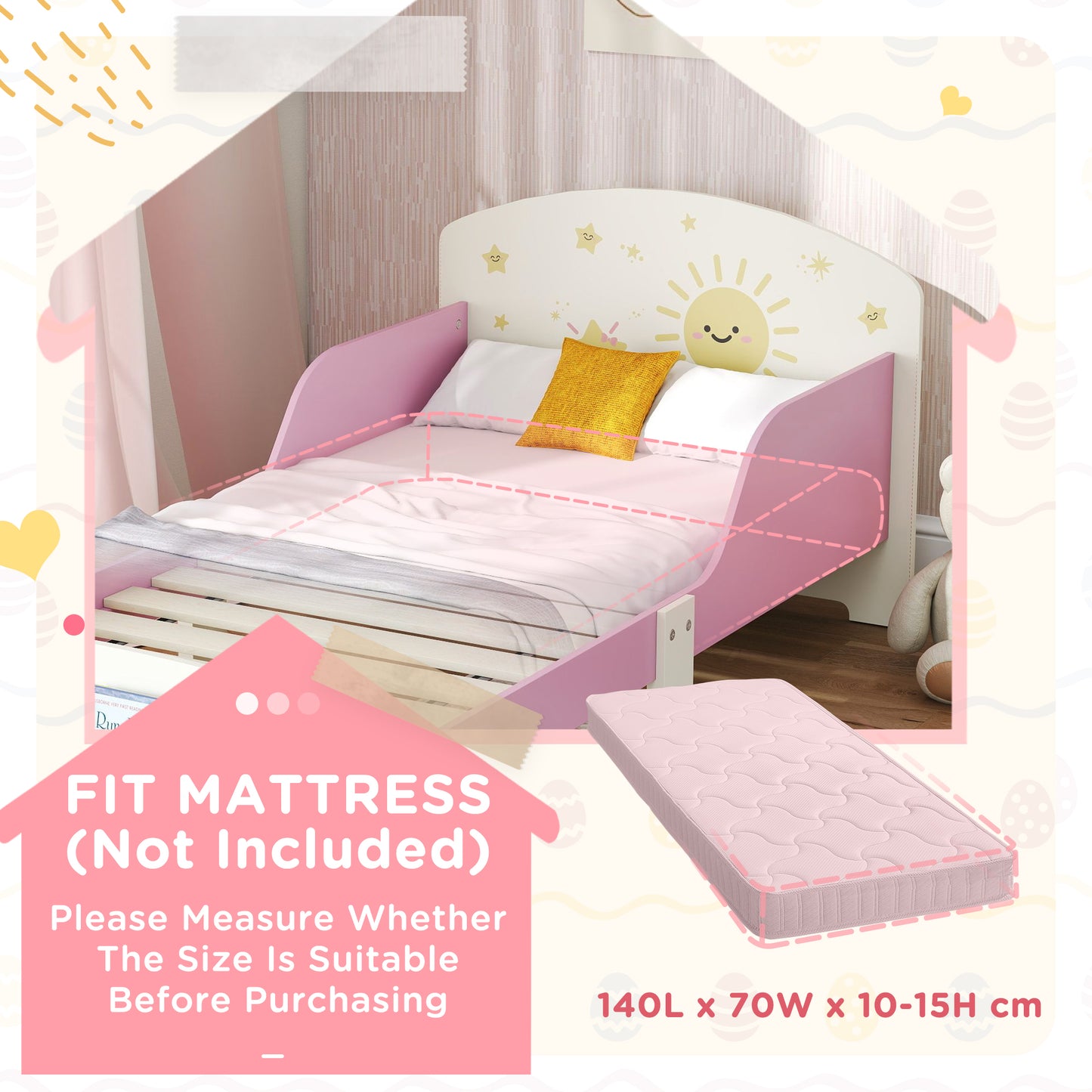 Toddler Bed with Storage, Guardrails, Sun Design, for Ages 3-8 Years
