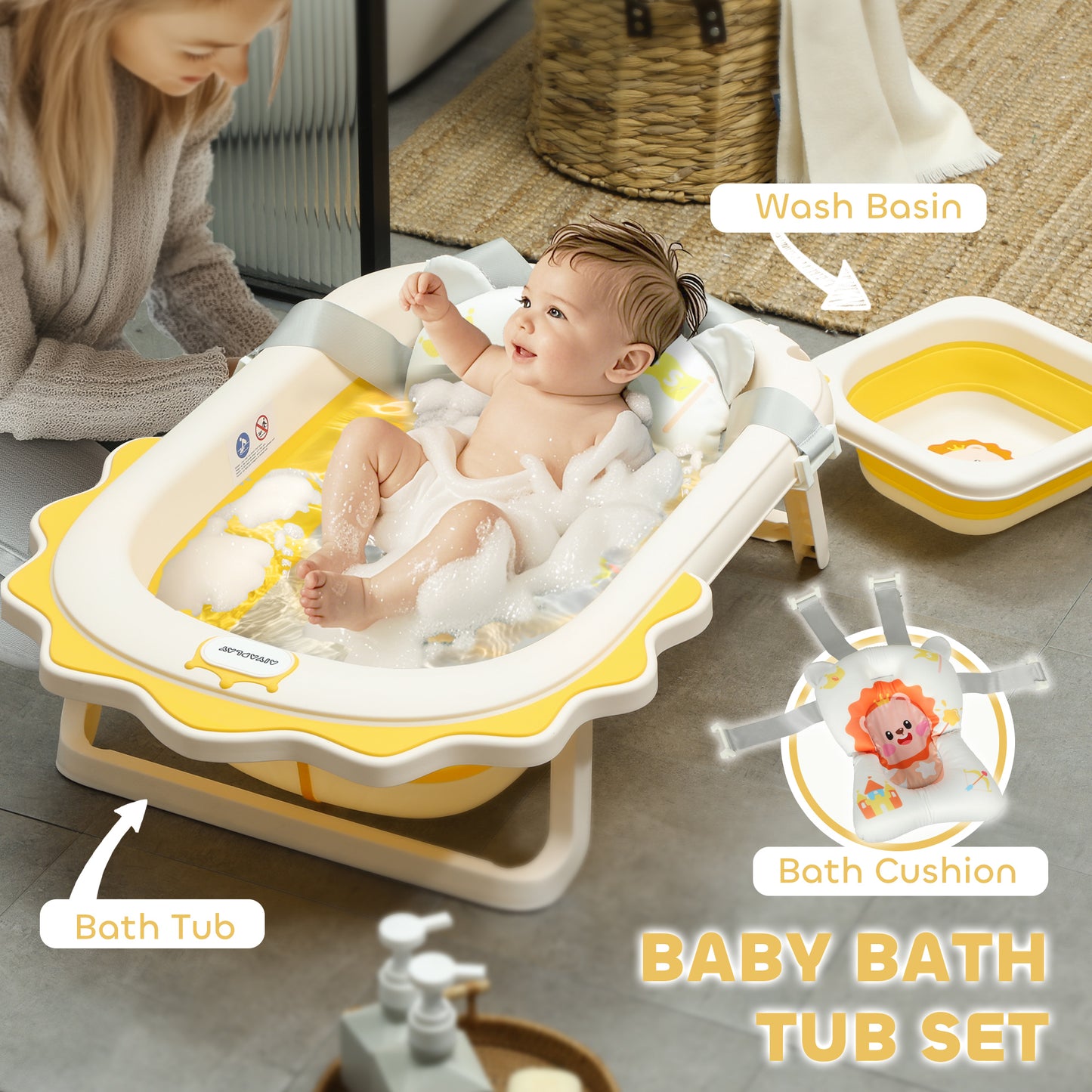Foldable Baby Bath Tub Set with Bath Cushion, Wash Basin