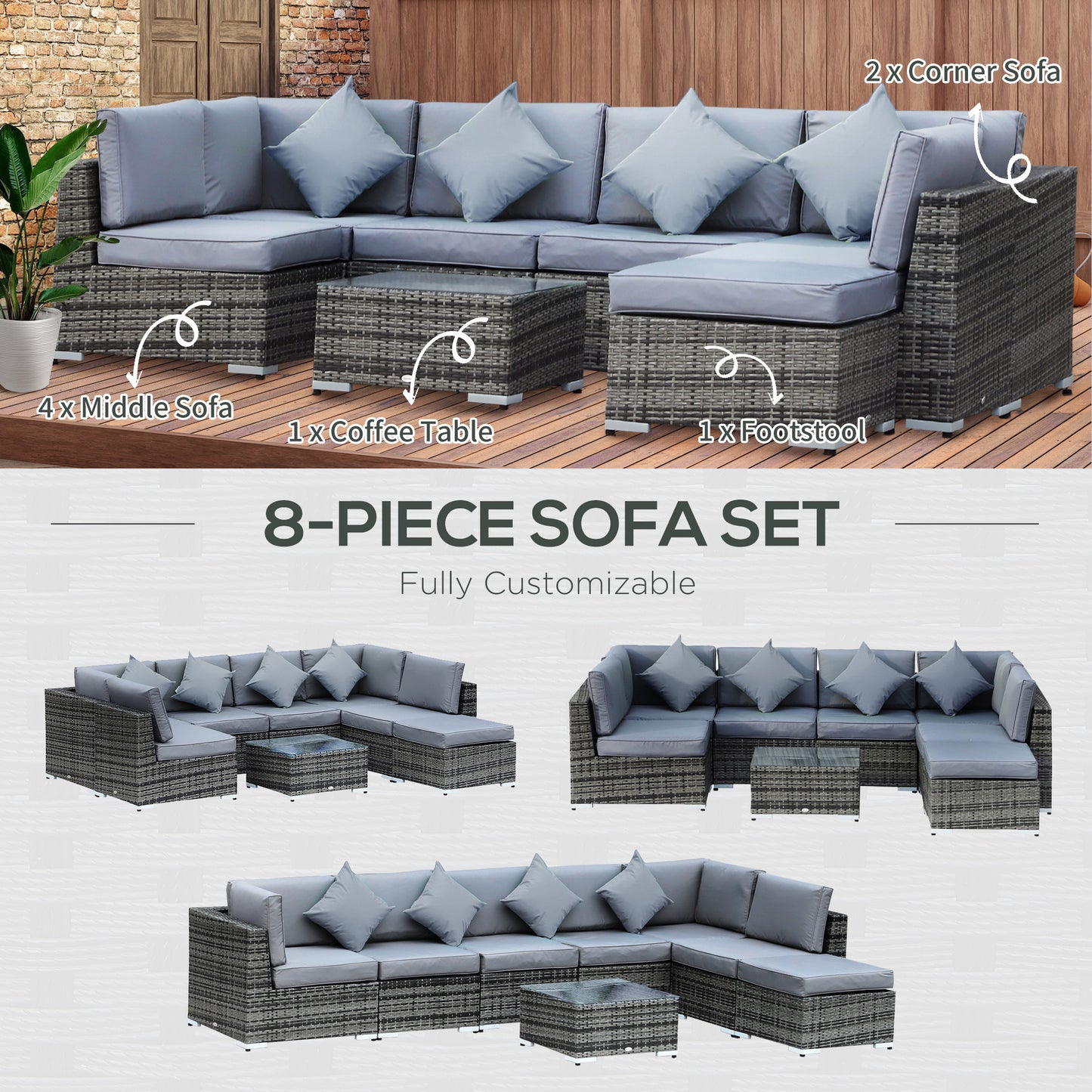 8 Piece Rattan Corner Sofa Set with Wide & Deep Seat