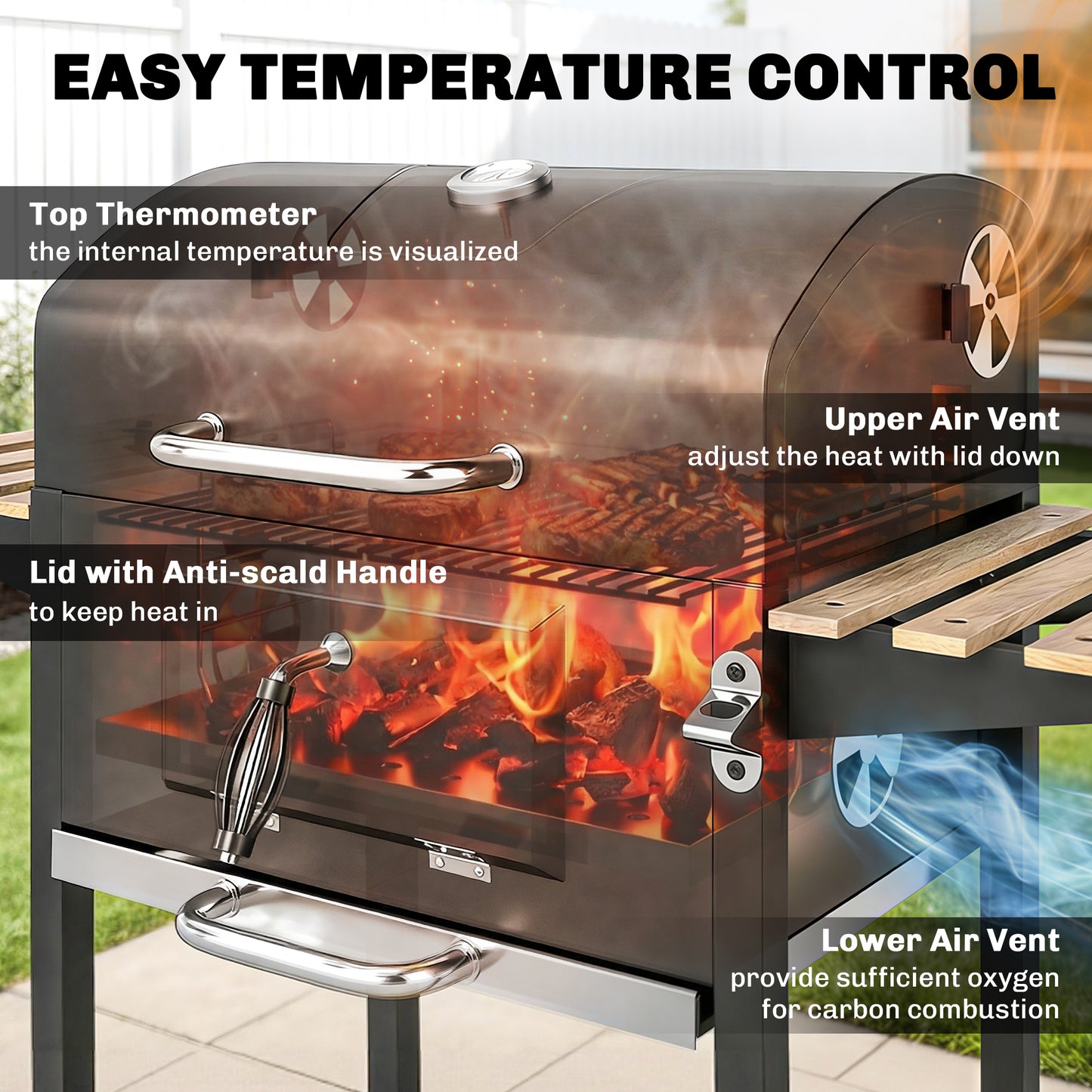 Charcoal BBQ Grill with Height Adjustable Charcoal Pan