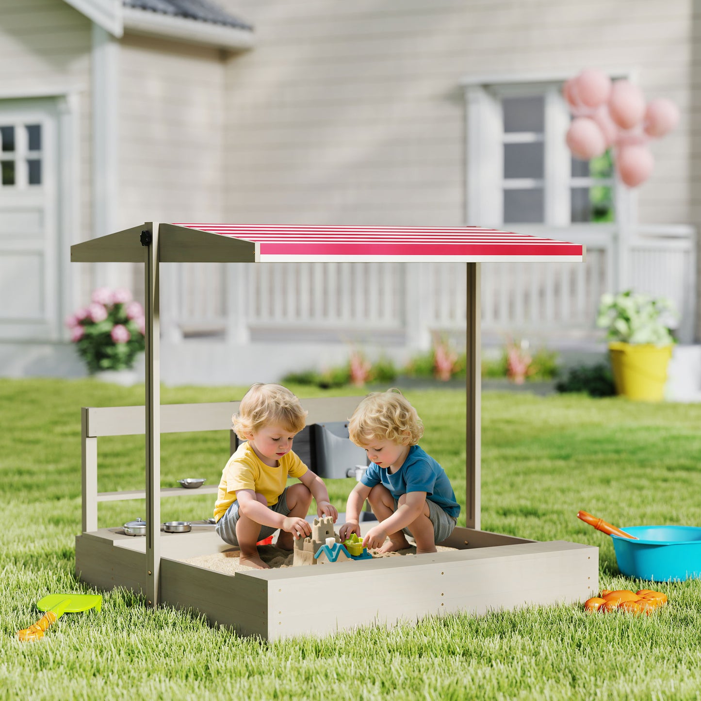 Kids Wooden Sandbox w/ Canopy, Kitchen Toys, Seat, Storage