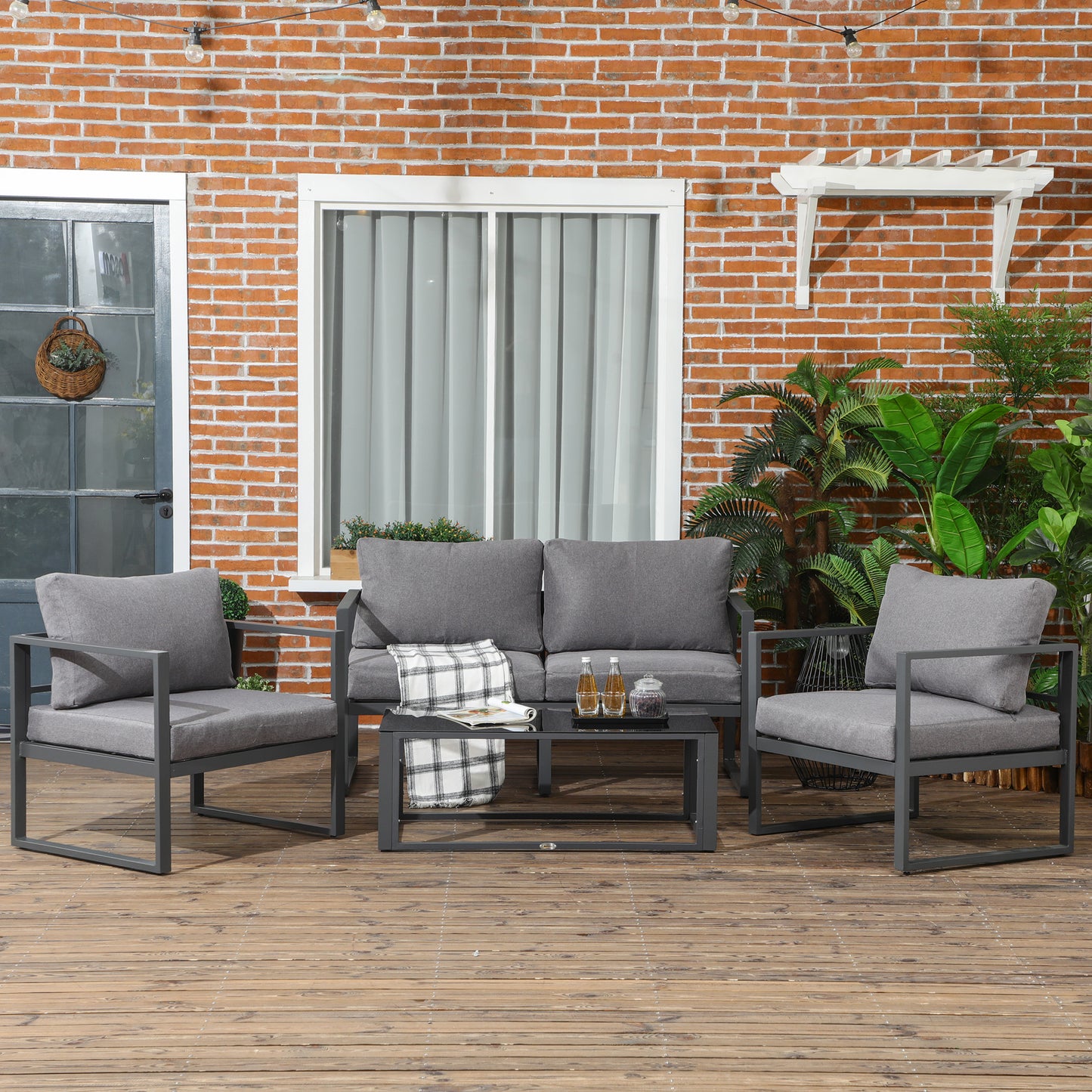 4 Pieces Garden Sofa Set 2 Single Armchair 1 Bench & Side Table Set