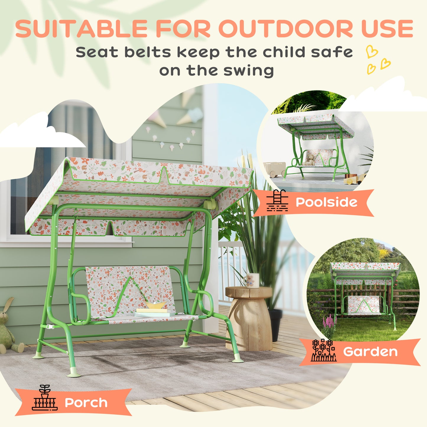 Kids Garden Swing Chair with Adjustable Canopy, Safety Belt