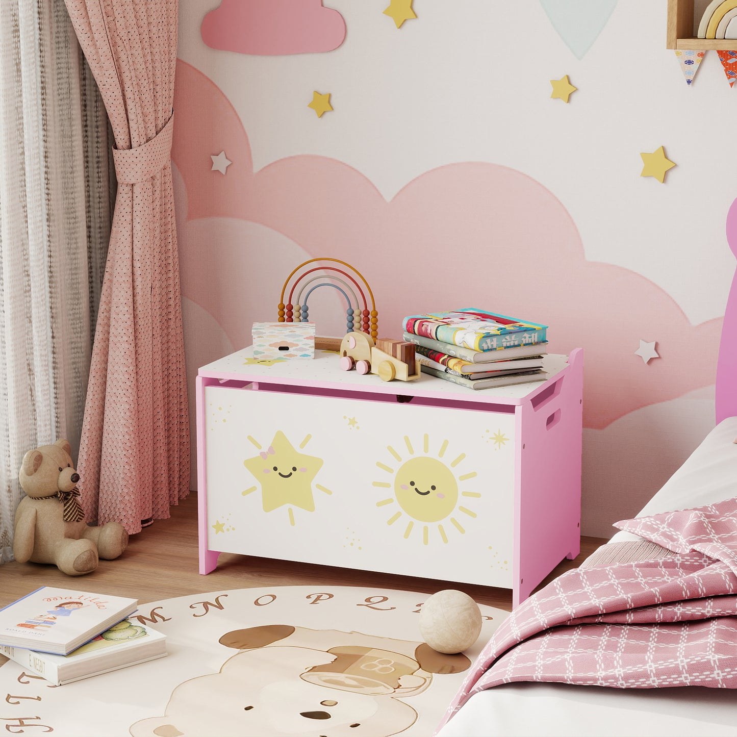 Toy Box with Lid, Safety Hinges and Groove Handles