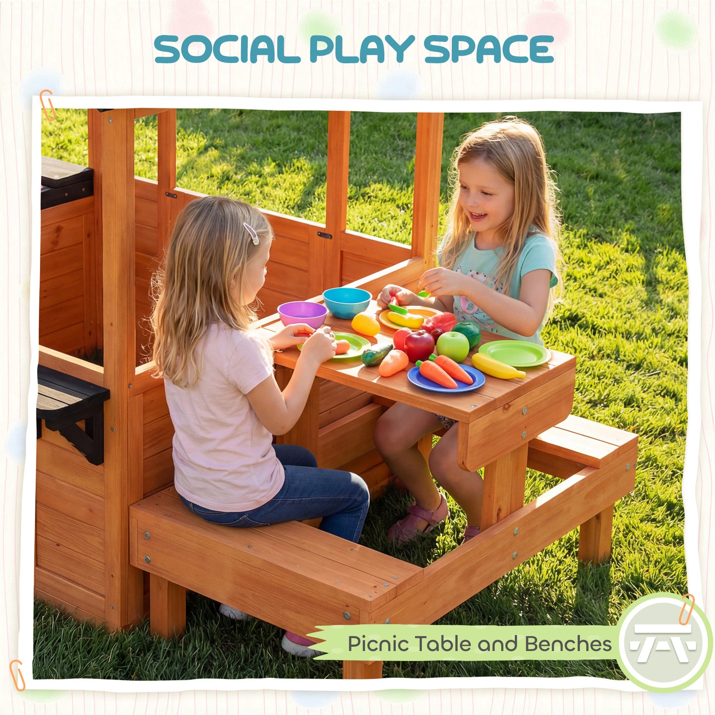 Wooden Playhouse Playhouse for Kids with Table, Benches, Sink Table