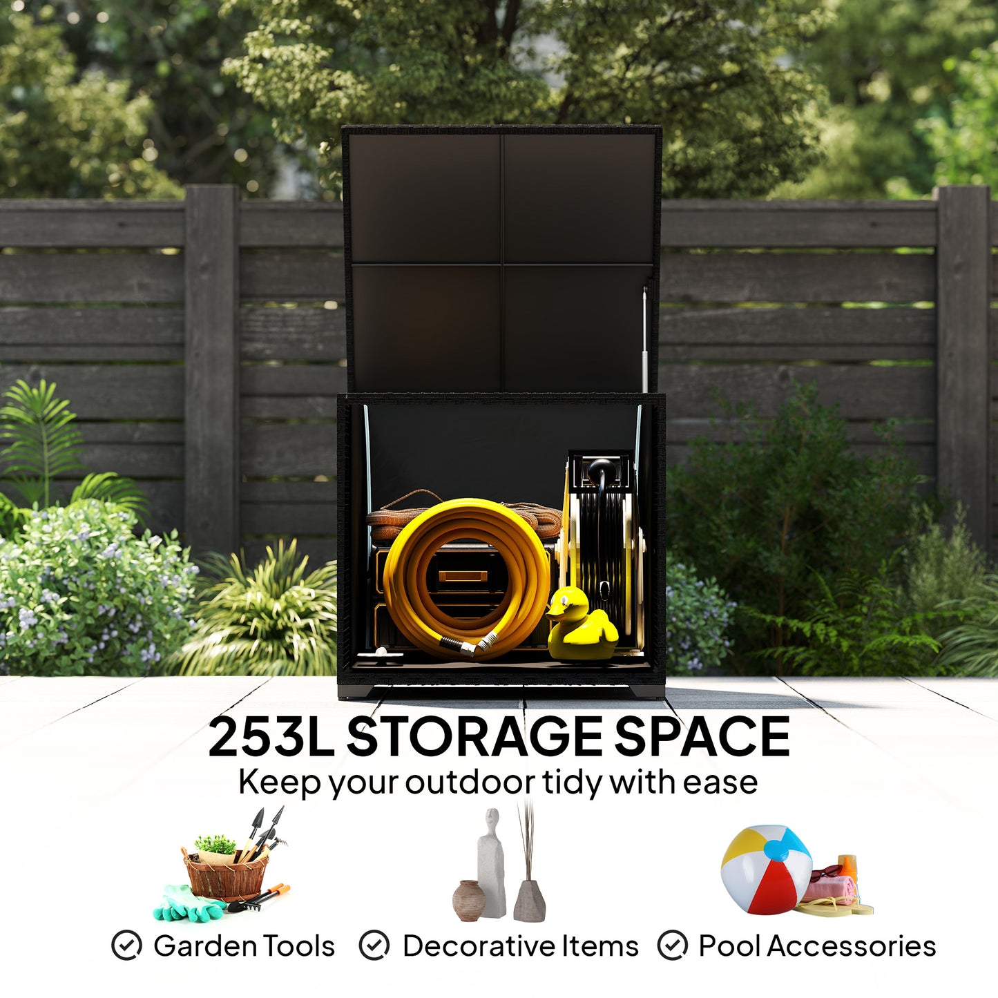 253L Garden Storage Box, Rattan Deck Box with Zipped Liner