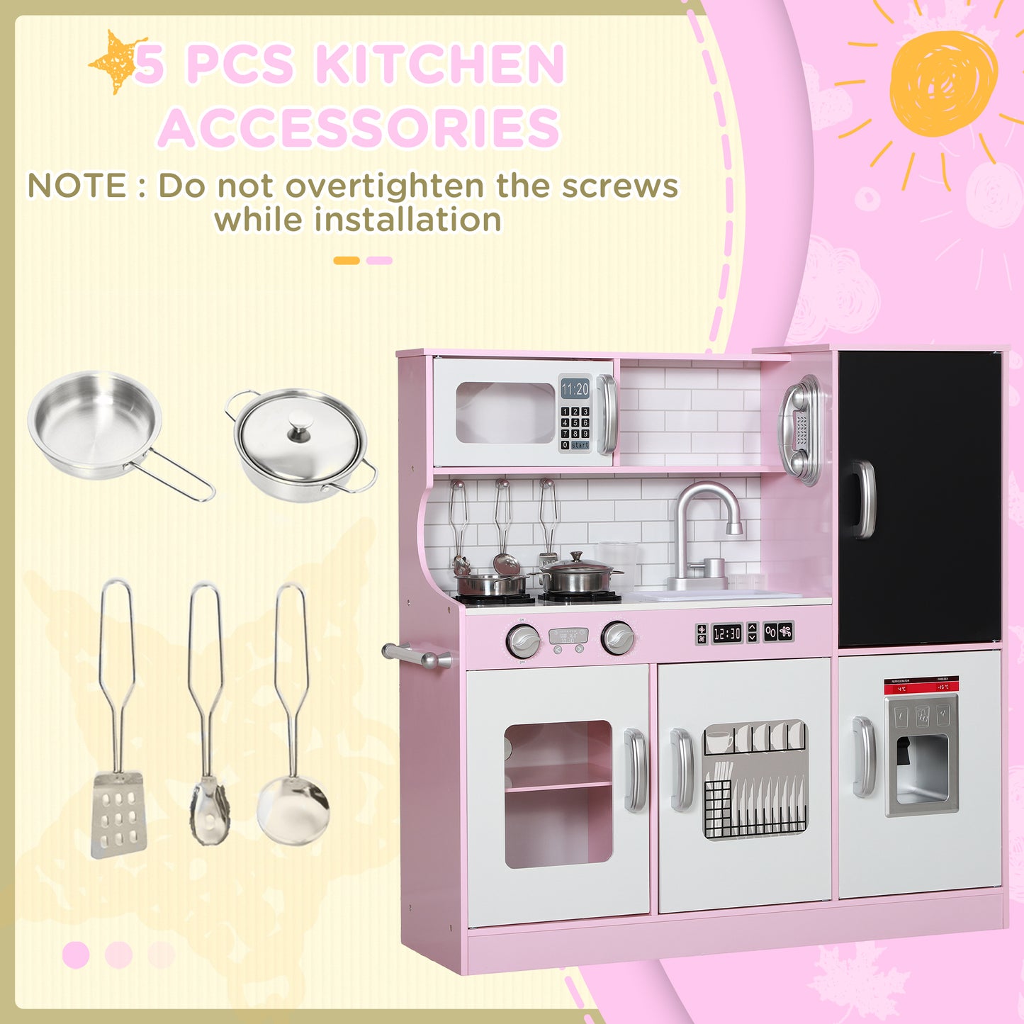 Pretend Play Kitchen, Kids Kitchen Playset w/ Toy Phone, Chalkboard