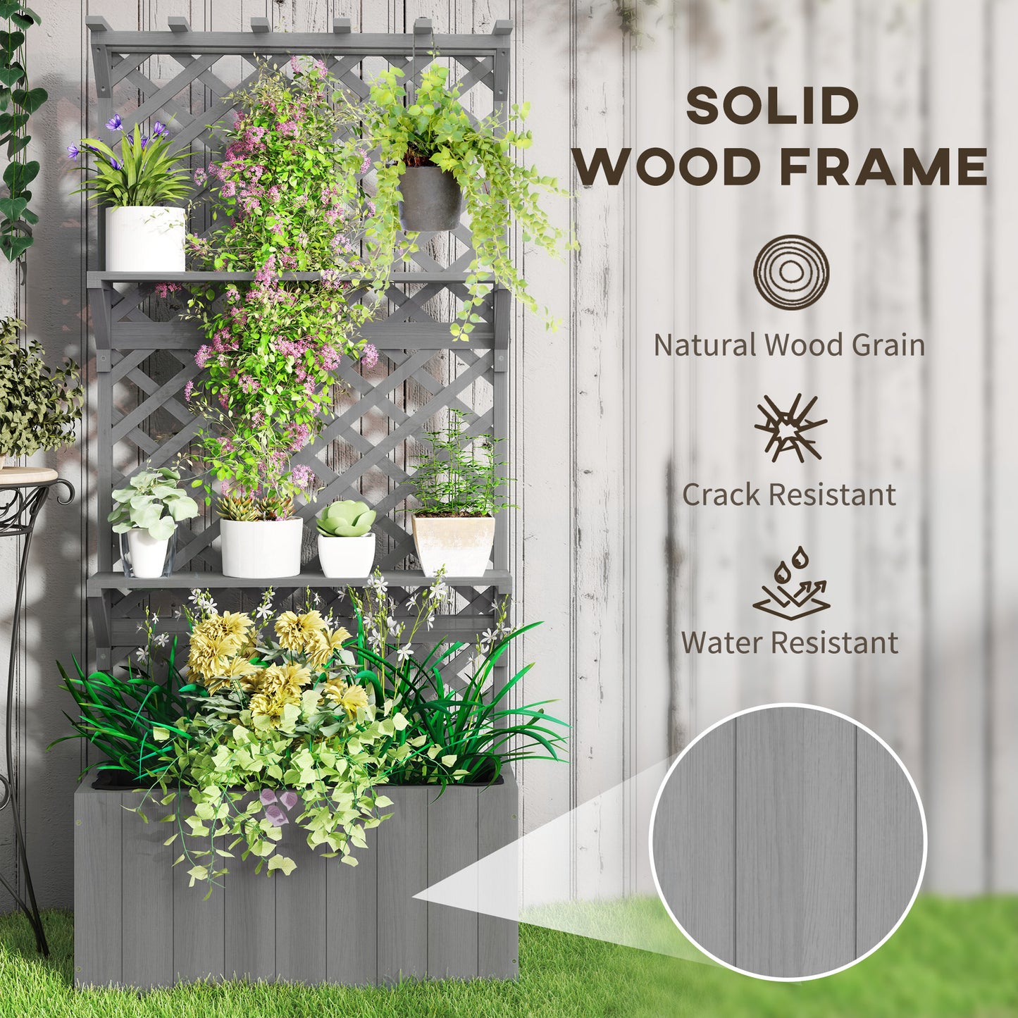52L Wooden Planter, with Trellis and Shelves