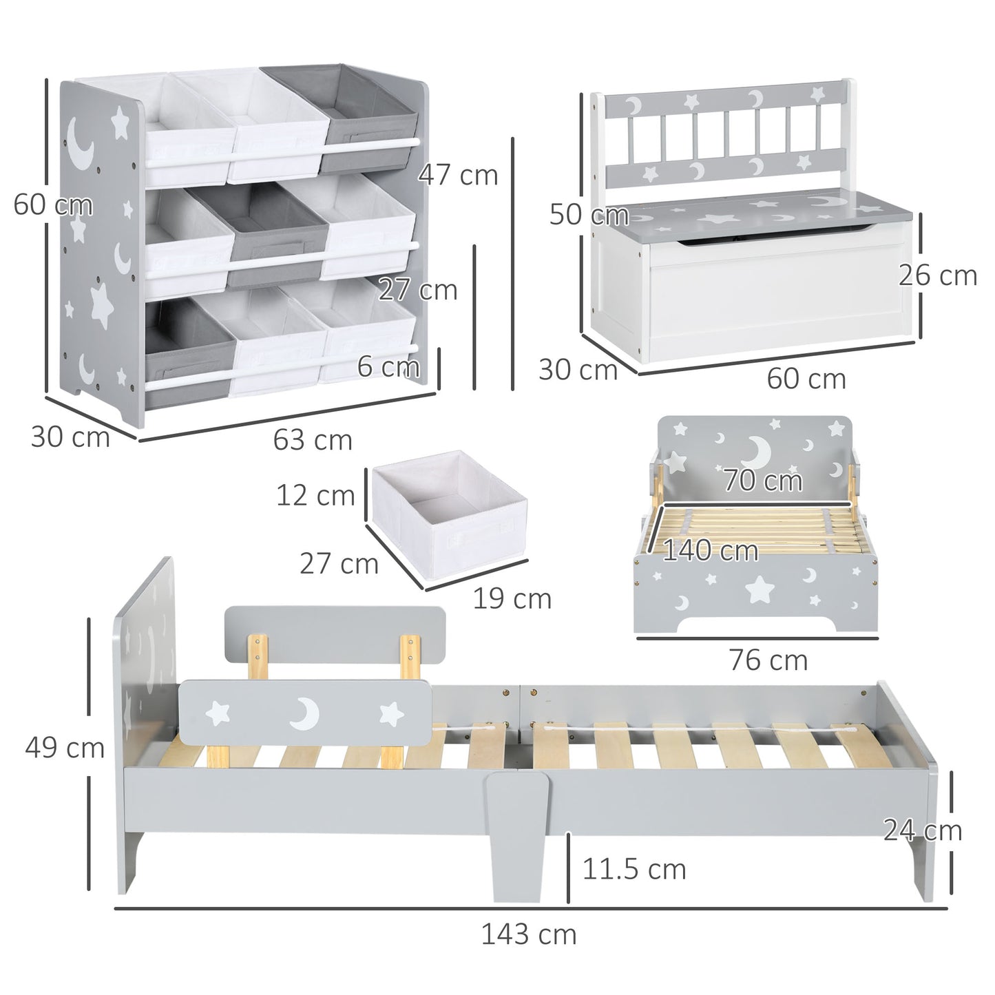 3PCs Kids Furniture Bedroom Set with Bed, Toy Box Bench