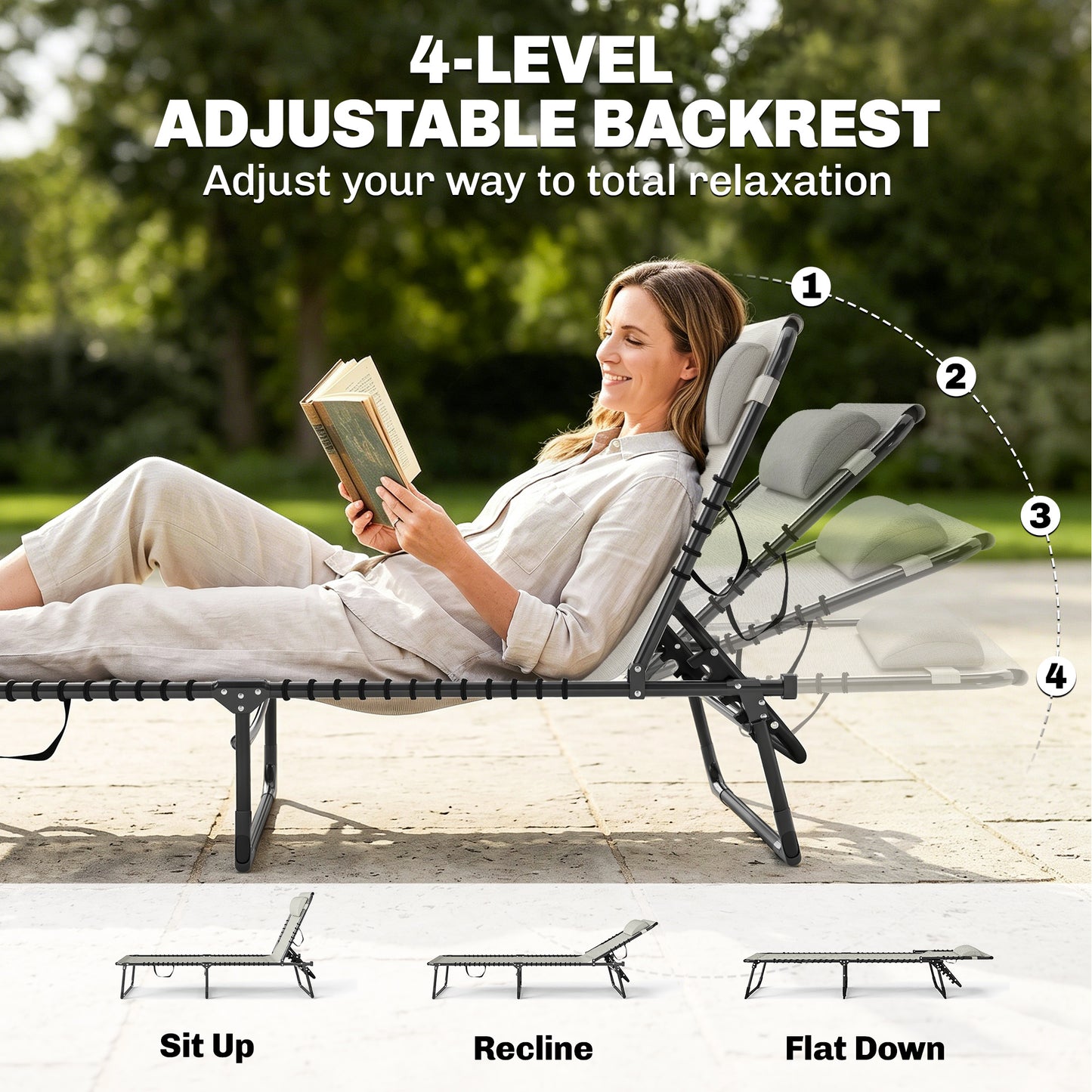 Foldable Sun Lounger, Outdoor 4 Level Adjustable Backrest Reclining
