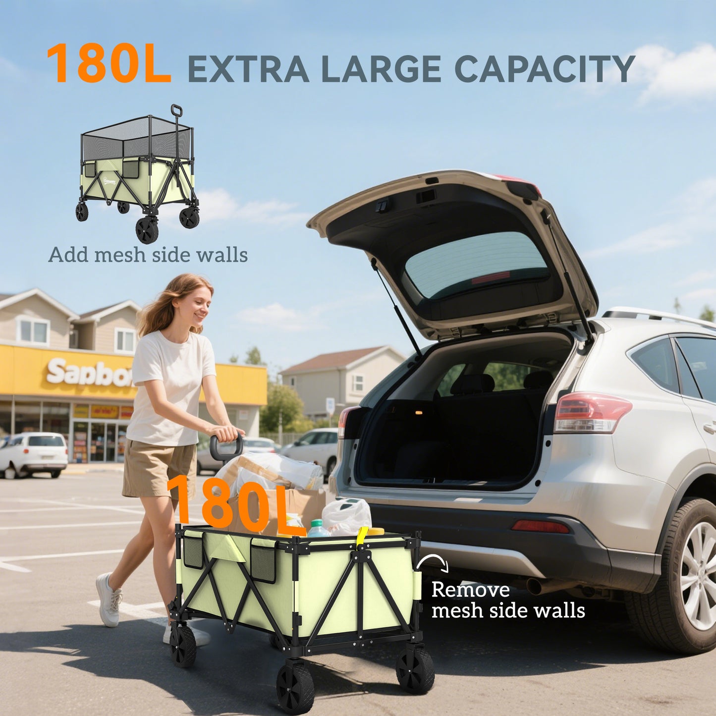 Folding Garden Trolley, 180L Wagon Cart with Extendable Side Walls