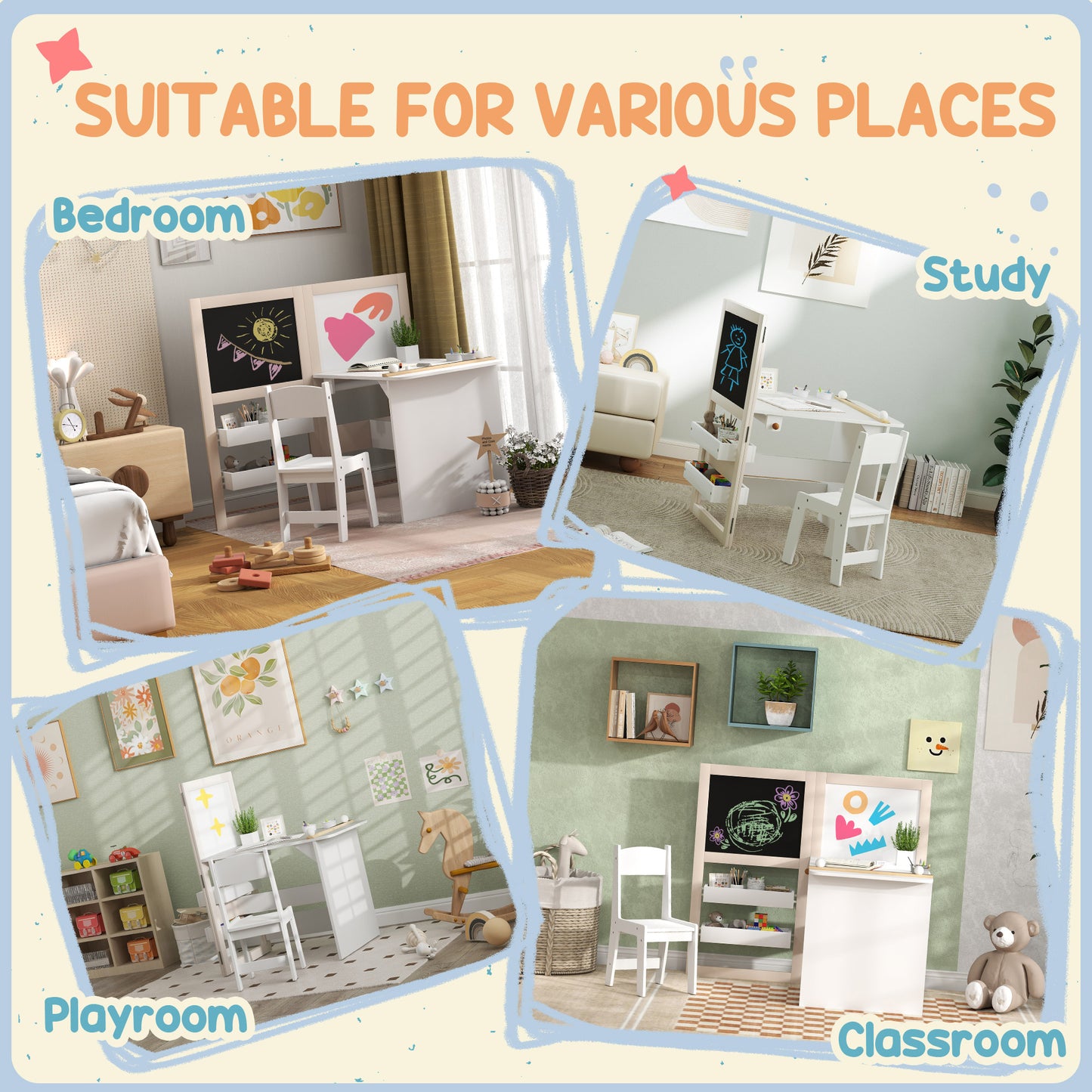 3 in 1 Kids Table and Chair Set with Storage, Whiteboard