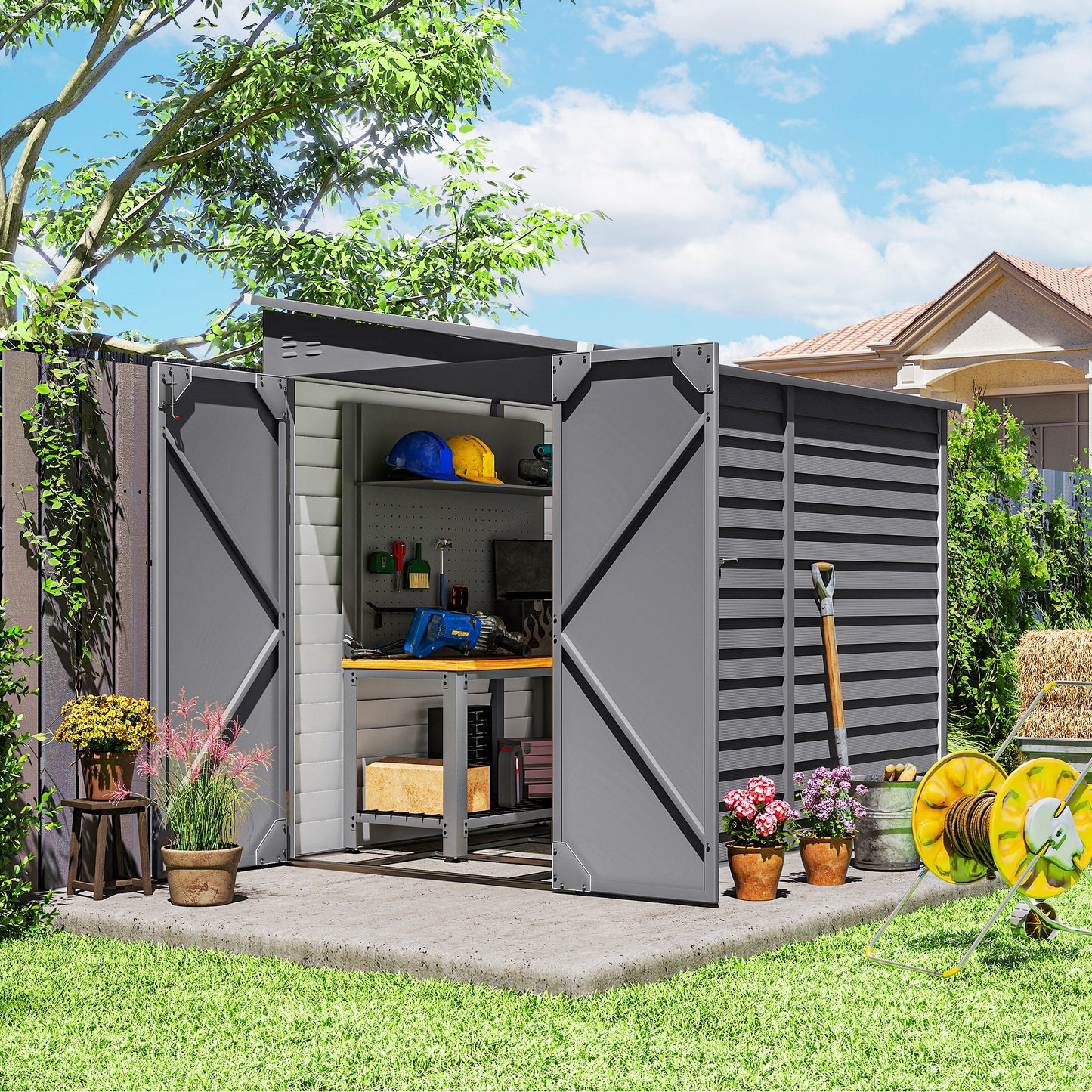 5 x 9ft Galvanised Metal Garden Shed with Foundation Kit