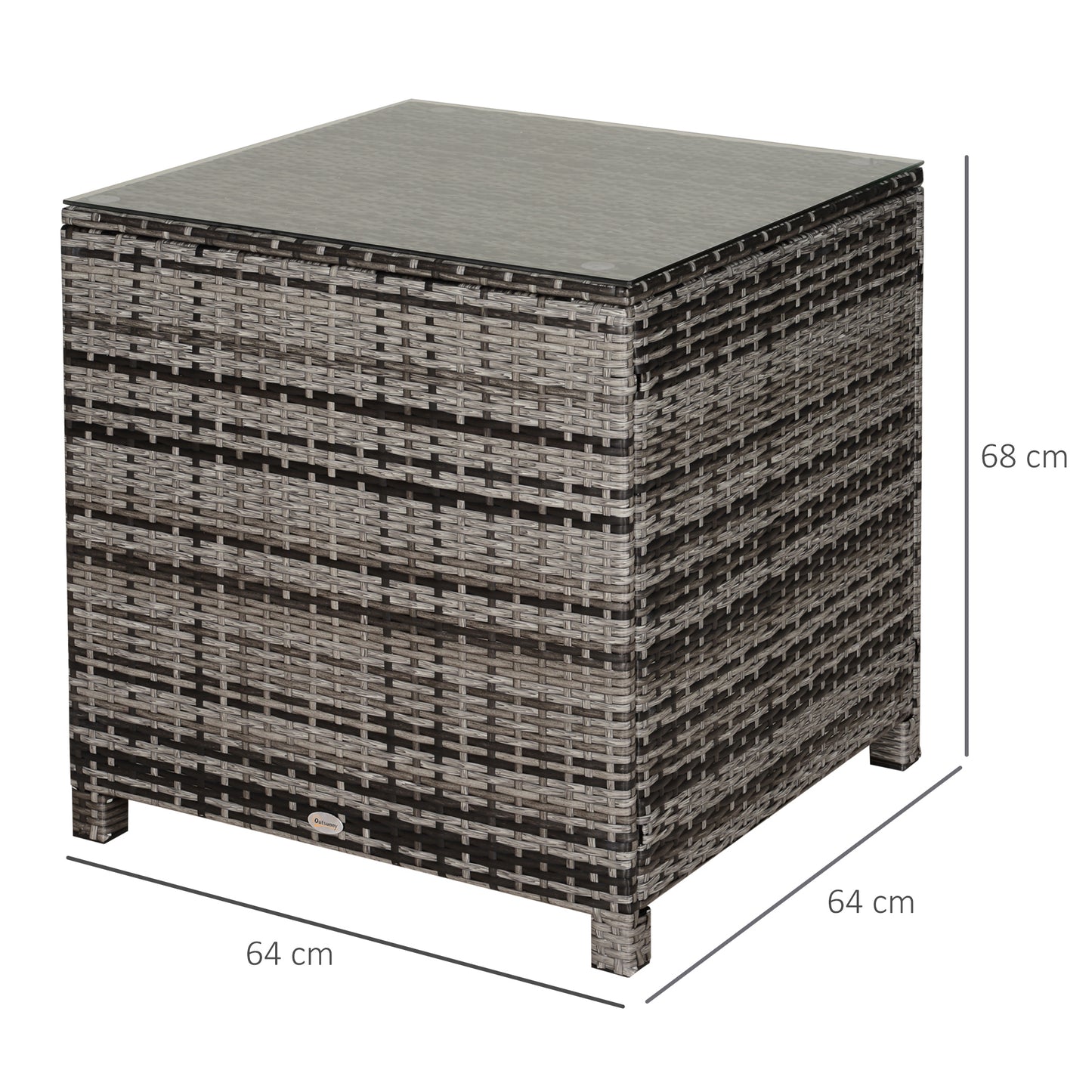 Square PE Rattan Garden Table, with Glass Table Top