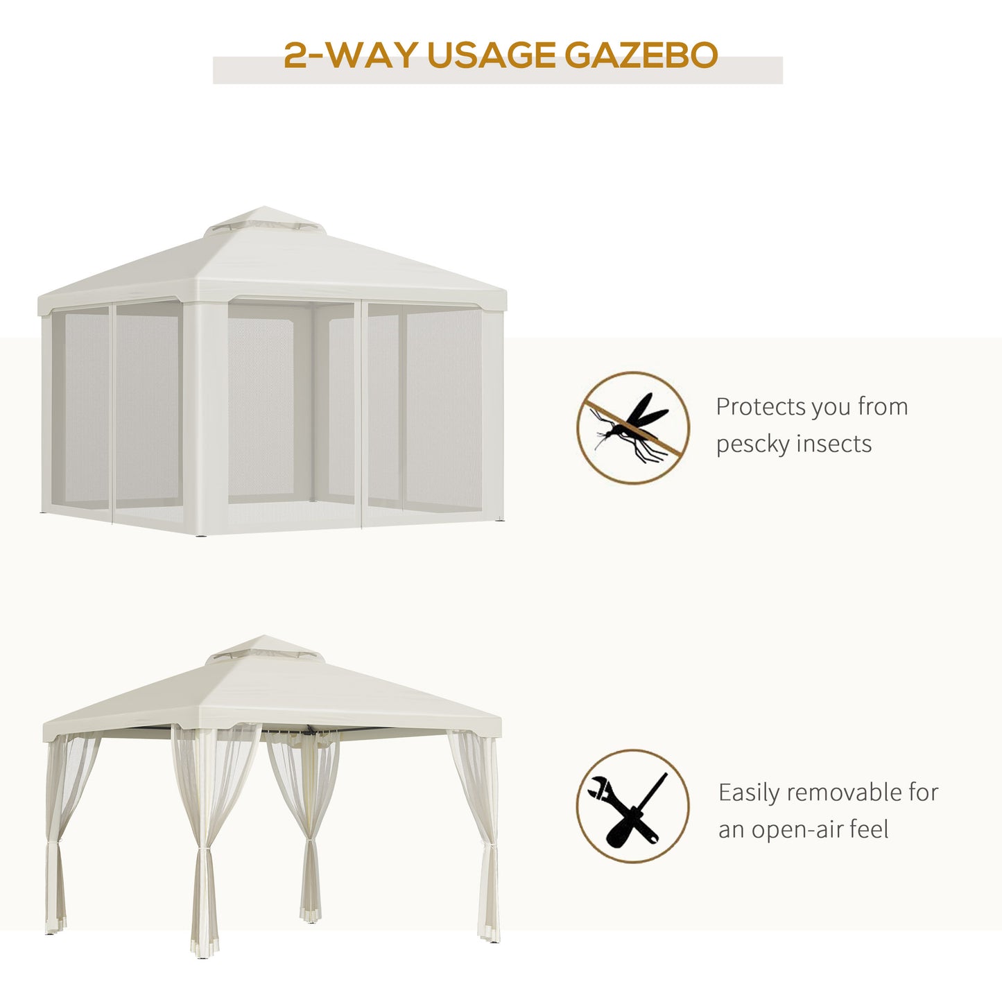3 x 3 m Metal Gazebo, Double Roof Canopy Shelter with Mesh Sidewalls