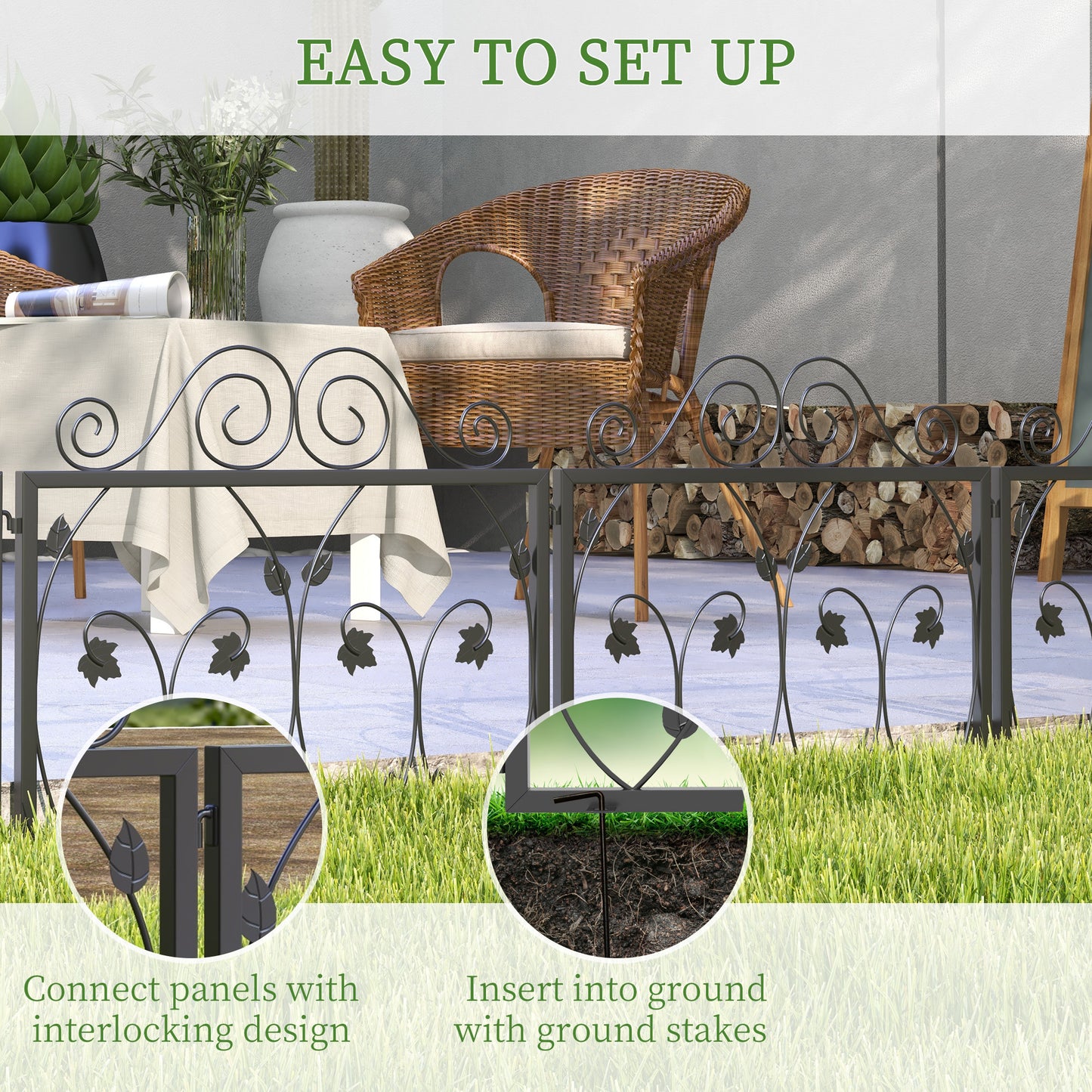 Set of Four 57cm Leaf Scroll Metal Fence Panels