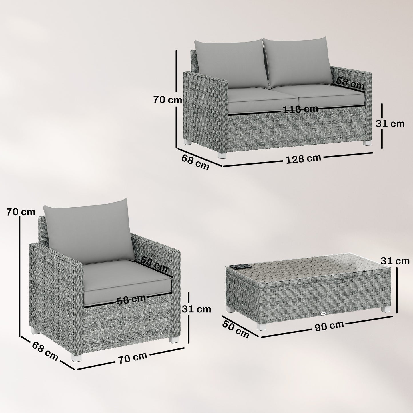 4 Piece Rattan Garden Furniture Set with Loveseat, 2 Armchairs