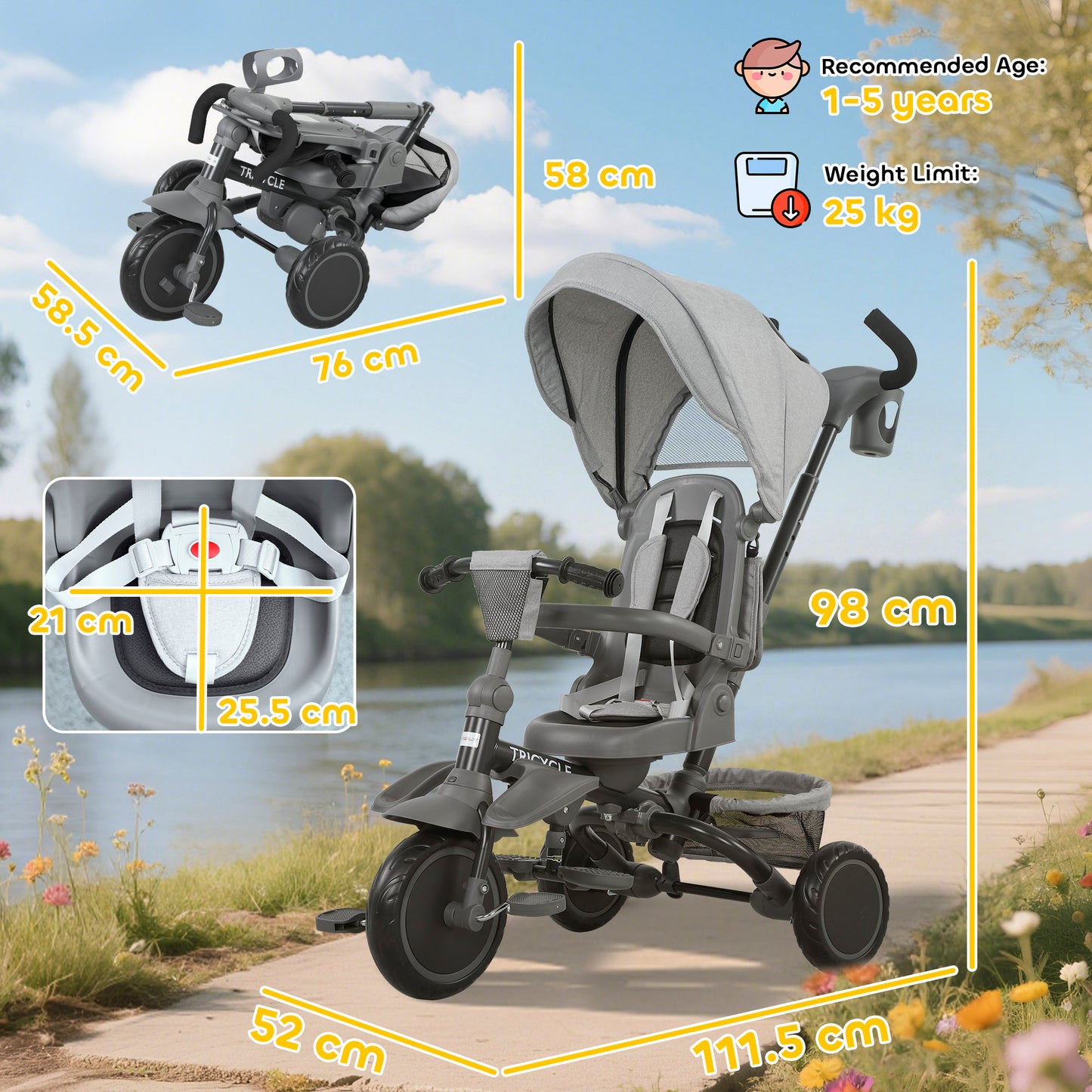 6 in 1 Foldable Kids Trike with Adjustable Parent Handle & Canopy